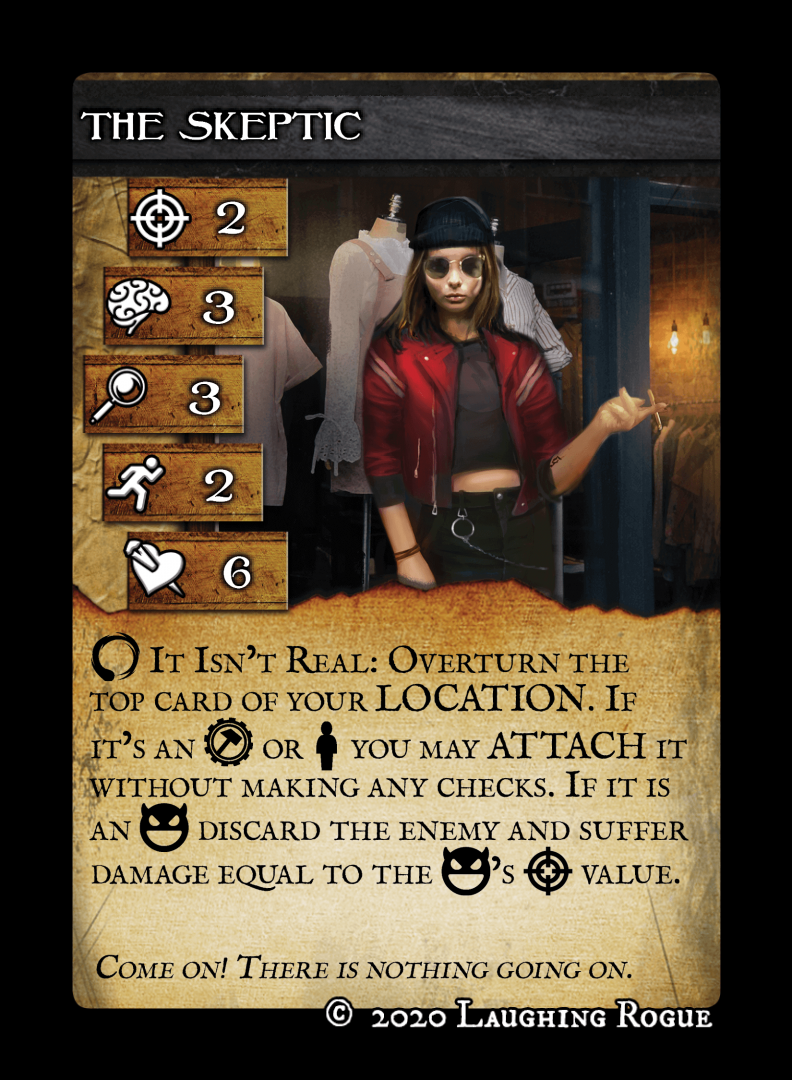 The Skeptic Character Card, a jaded survivor with her stats and abilities revealed