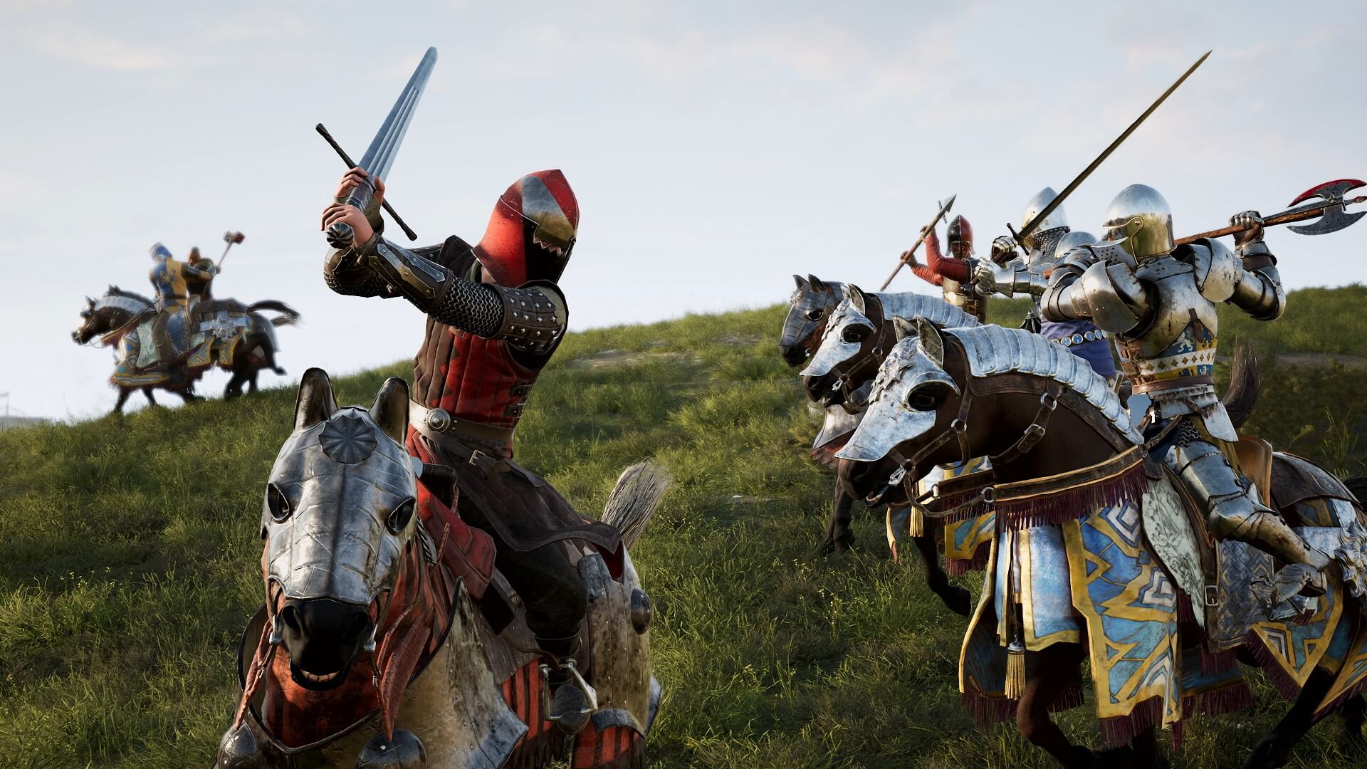 This Chivalry 2 game pass screenshot shows off mounted knights preparing to beat the stuffing out of each other.