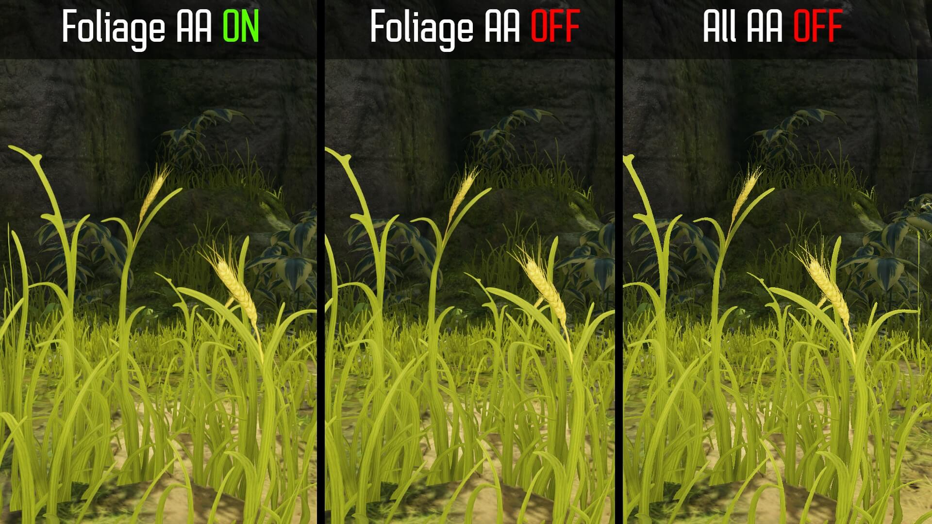 A field of foliage comparing all anti-aliasing off to foliage anti-aliasing off to all anti-aliasing on