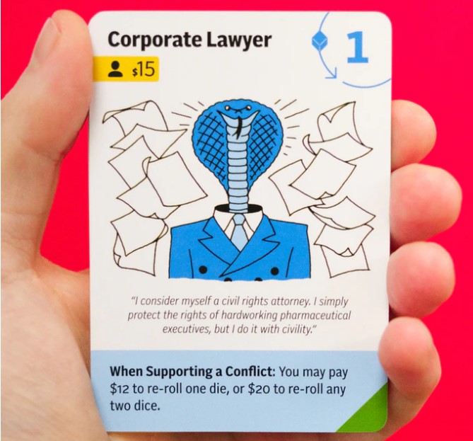 A card depicting a lawyer as a snake person