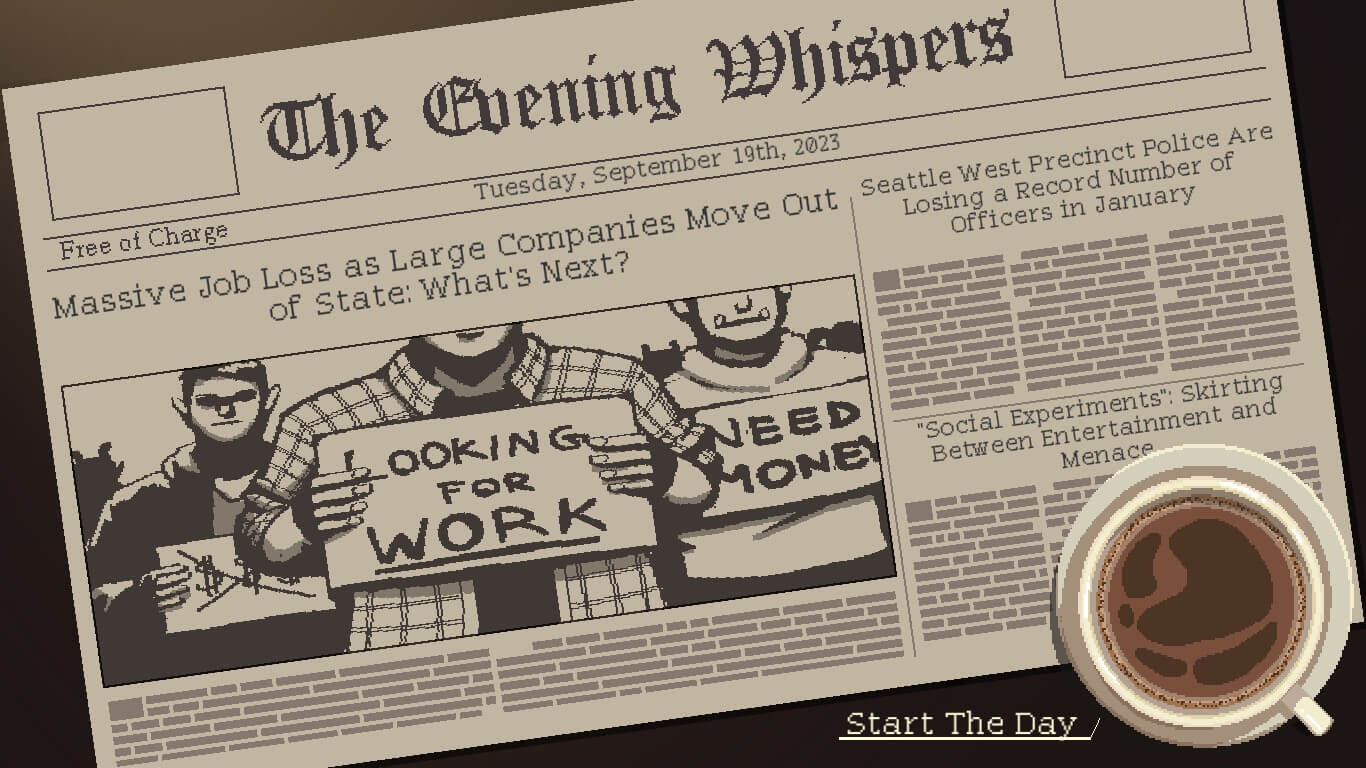 An in-game screenshot of Coffee Talk Episode 2: Hibiscus & Butterfly, showing a newspaper headline involving layoffs.