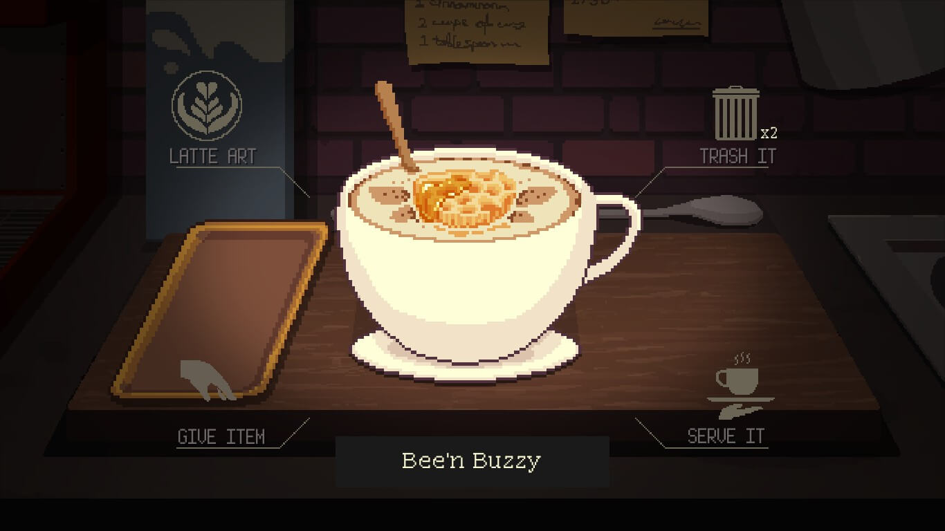 An in-game screenshot from Coffee Talk Episode 2: Hibiscus & Butterfly, showing a coffee drink with a honeycomb on top, called "bee'n buzzy".