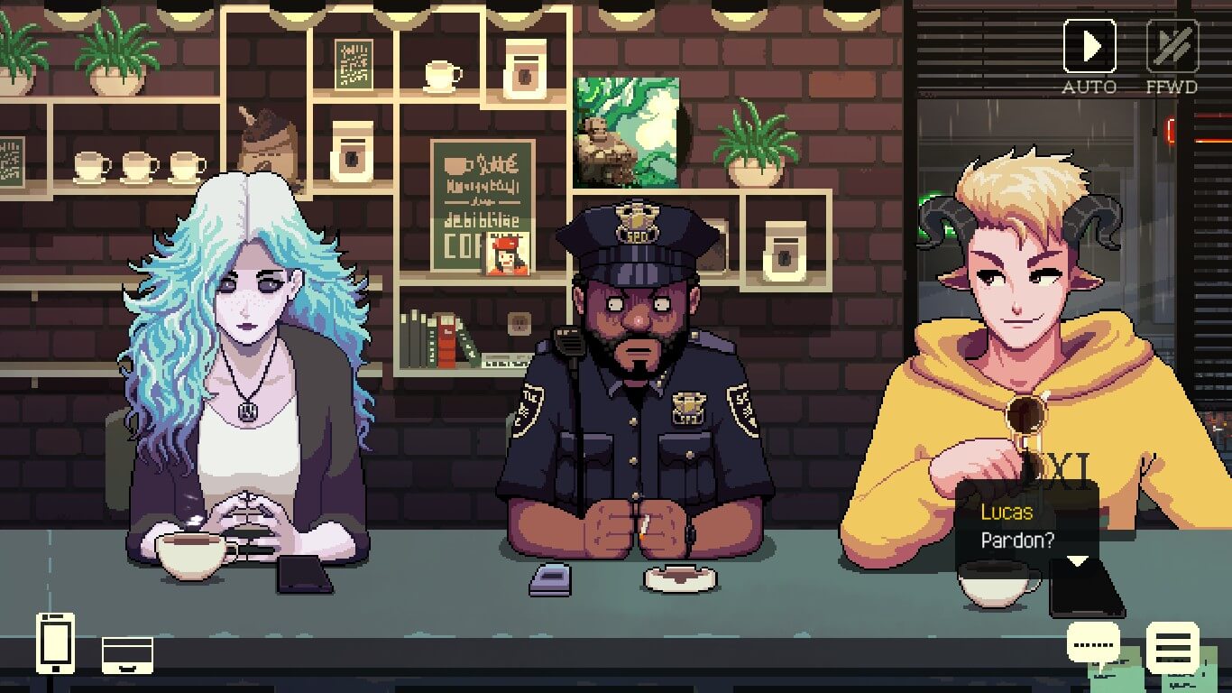 An in-game screenshot from Episode 2 of Coffee Talk: Hibiscus & Butterfly, showing the characters RIona, Jorji, and Lucas, conversing with each other.