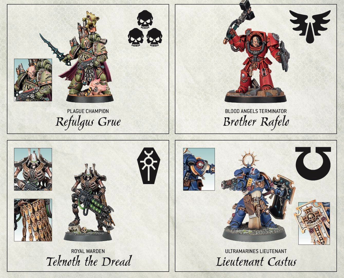A depiction of the four warriors in the Warhammer Board Game Combat Arena: Clash of Champions