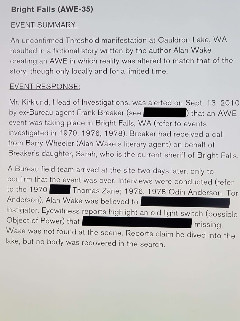An official document stating an investigation into Bright Falls
