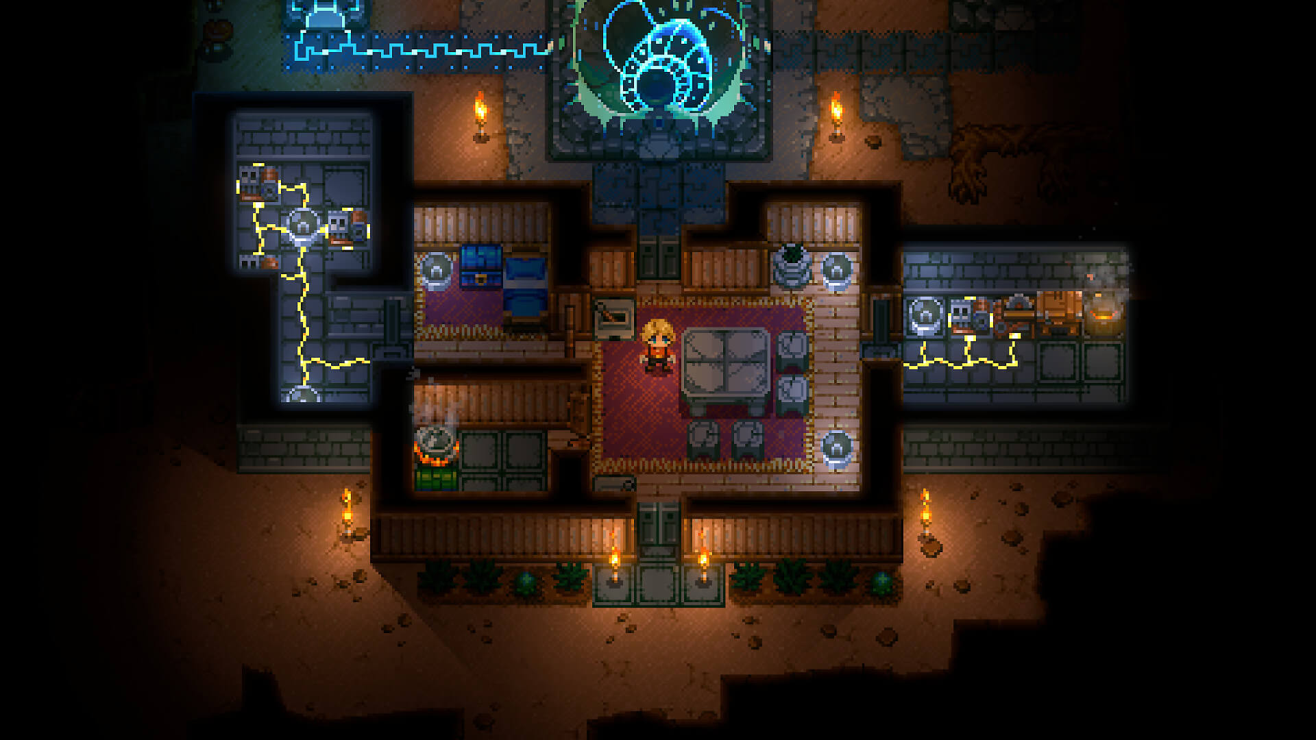 A player surrounded by rooms full of treasure and strange contraptions in Core Keeper
