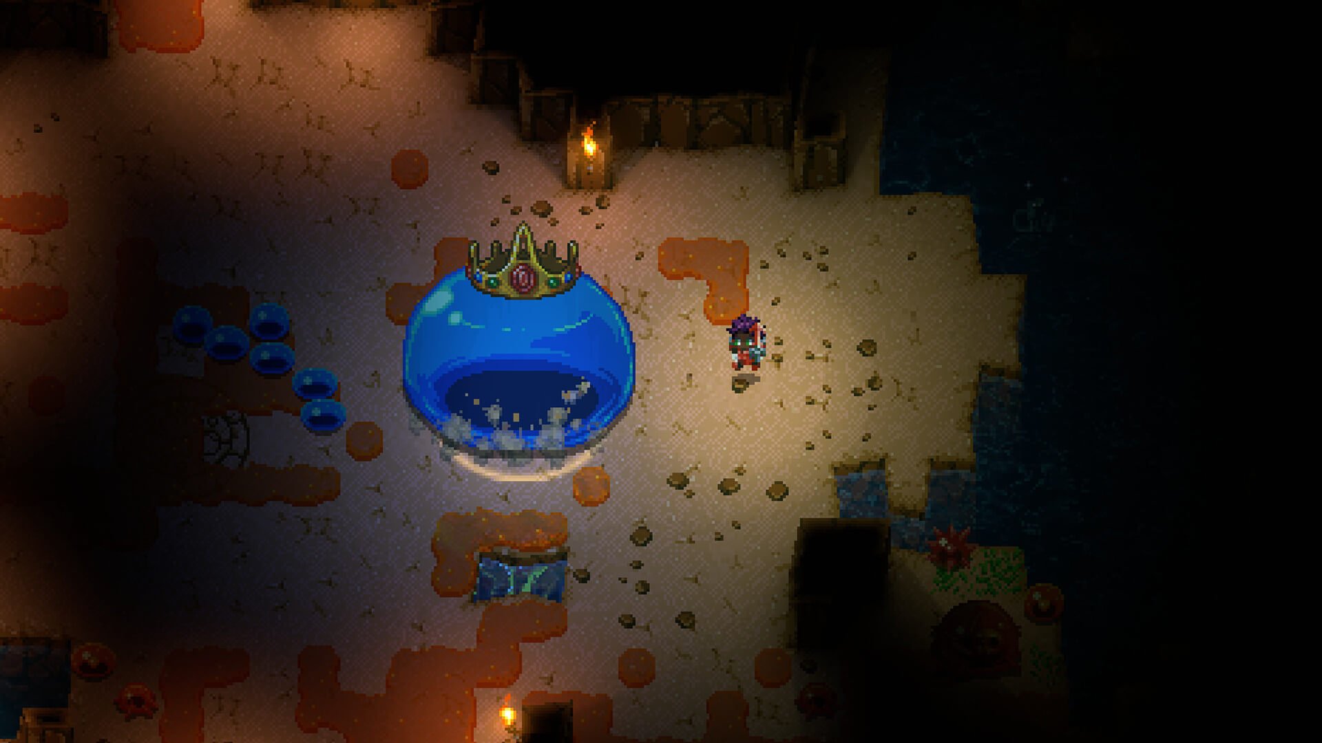 The player battling a King Slime in the Core Keeper Terraria crossover content