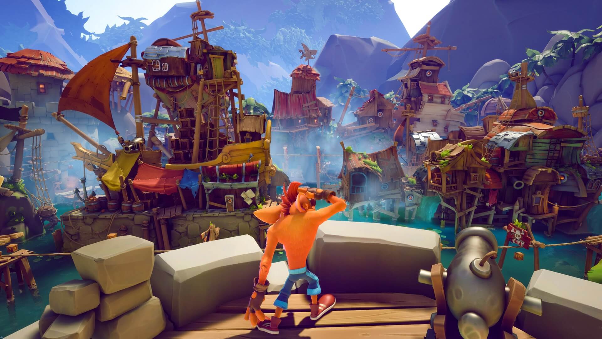 Crash looking out over a detailed pirate landscape in Crash Bandicoot 4, one of the PlayStation Plus Essential July games