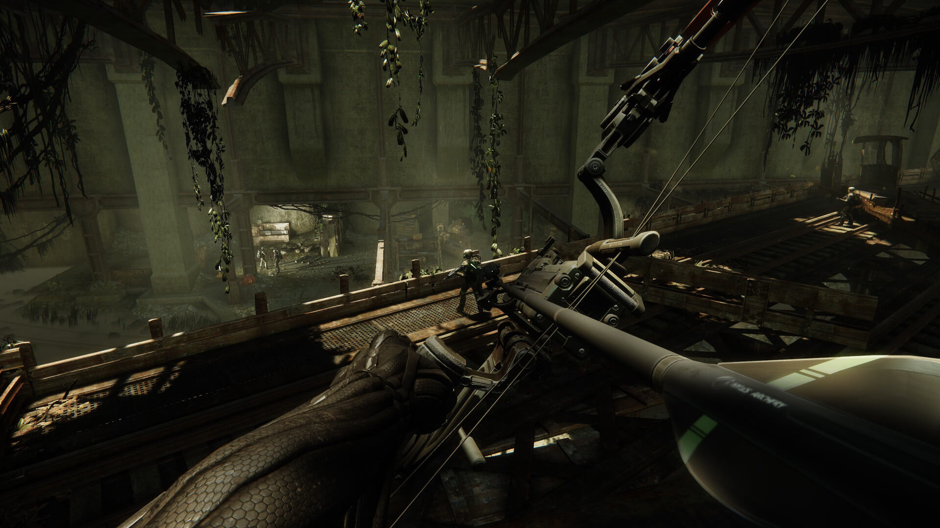 The player aiming a bow at an enemy in the Crysis Remastered Trilogy