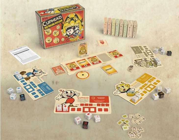 The game pieces laid out for the Cuphead board game