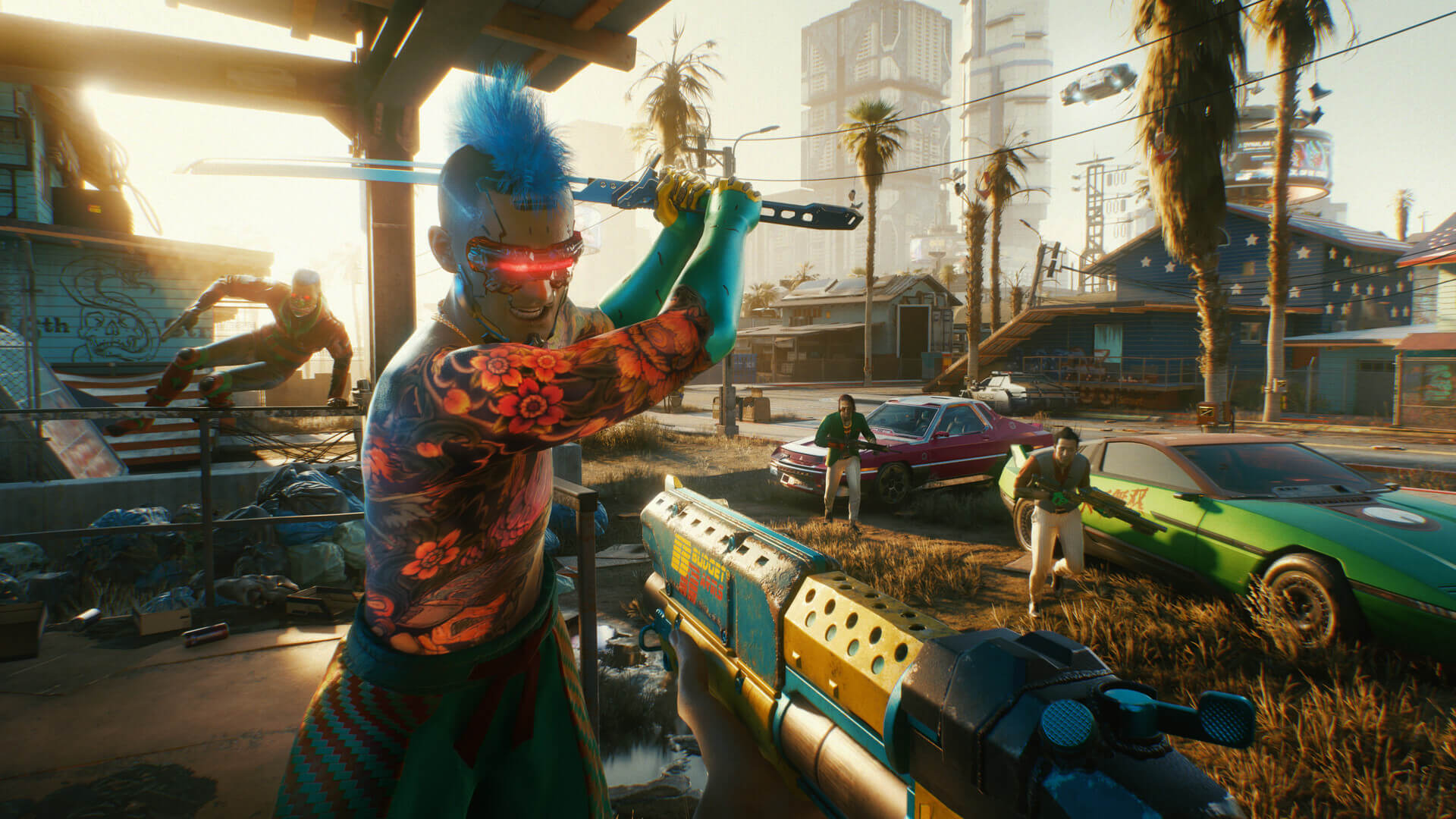 V engaging in combat with a gang member in Cyberpunk 2077