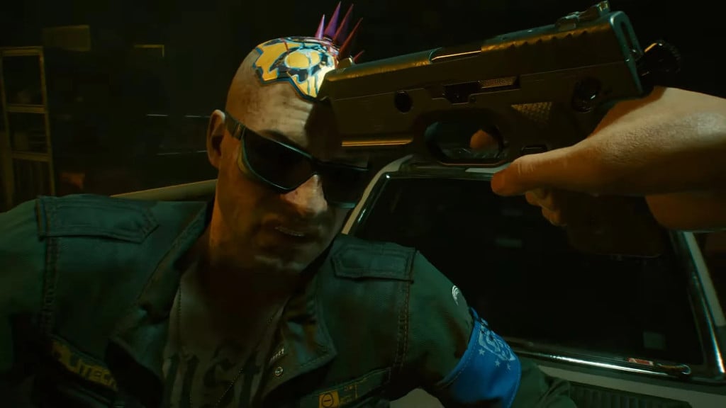 V holding a gun to a character's head in Cyberpunk 2077