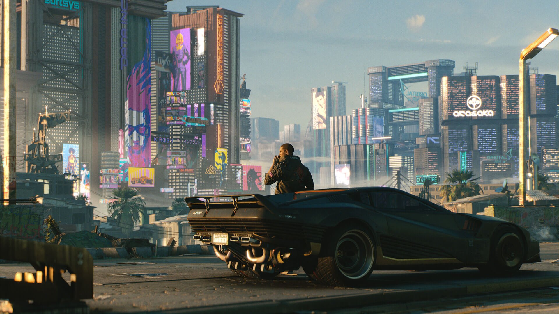 V leaning against a car and smoking in Cyberpunk 2077
