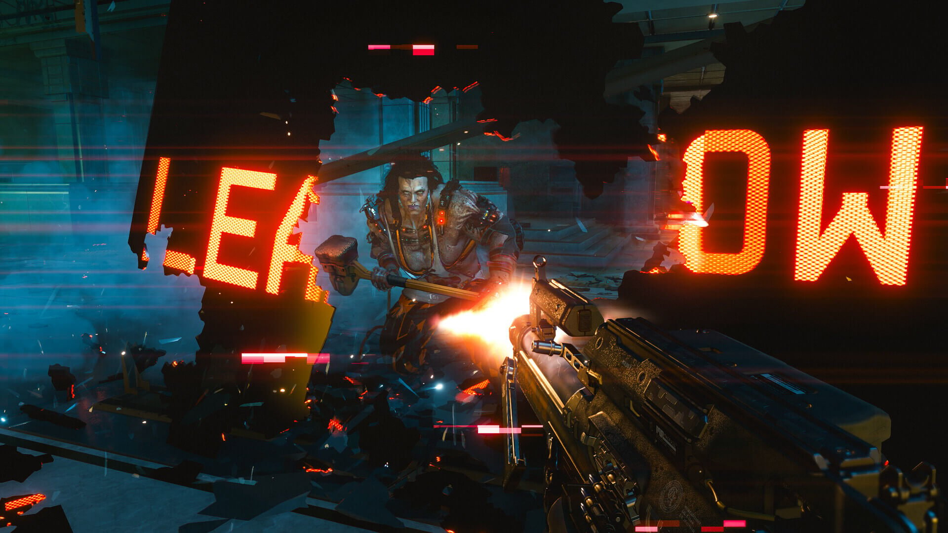 A cyberpsycho smashing through a sign in Cyberpunk 2077