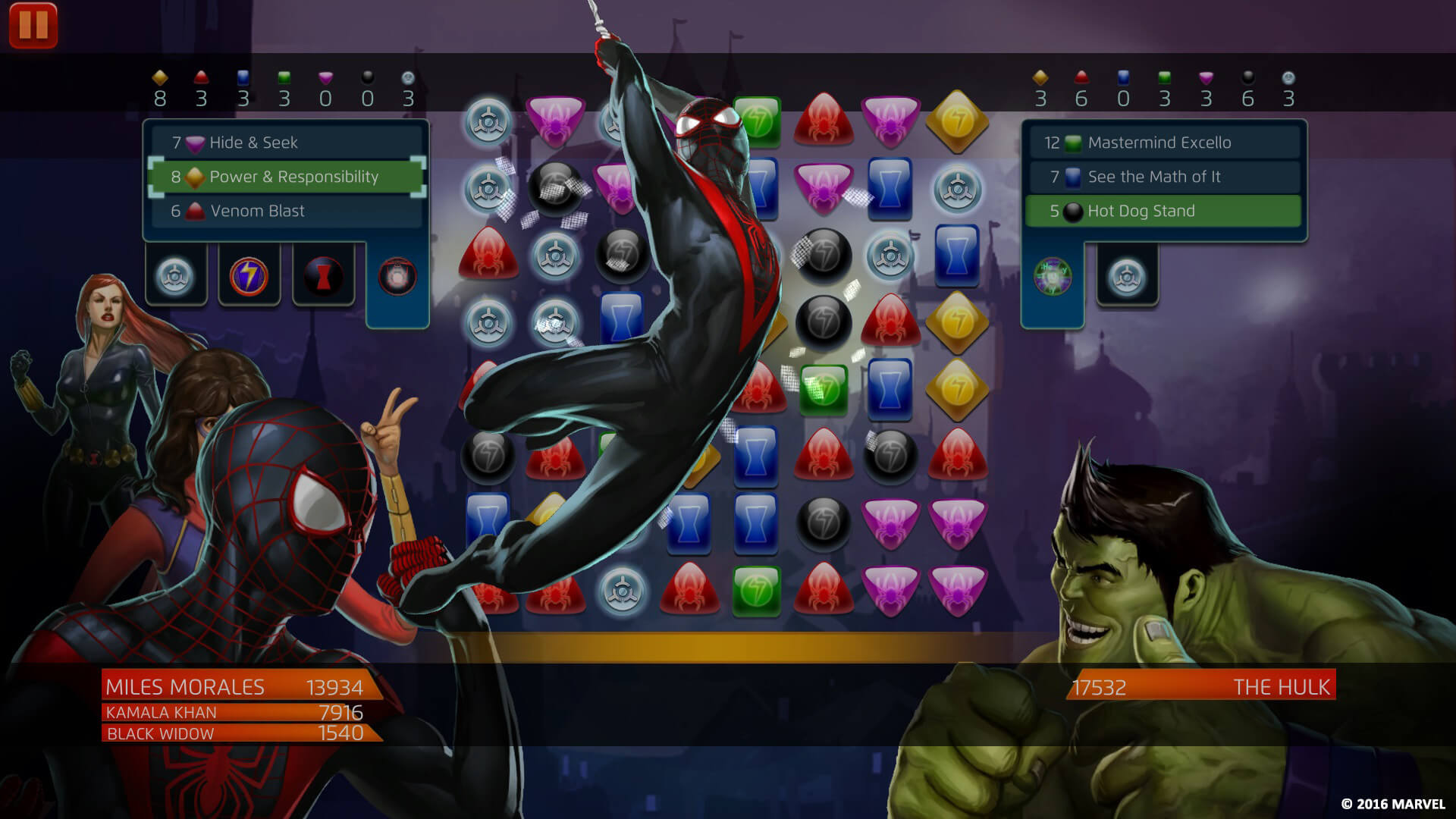 Miles Morales facing off against The Hulk in Marvel Puzzle Quest