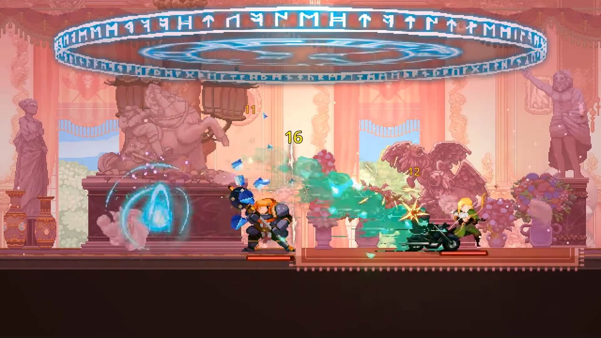 Characters fighting in The Skul: The Hero Slayer screenshot with one yelling "Leeroy!"