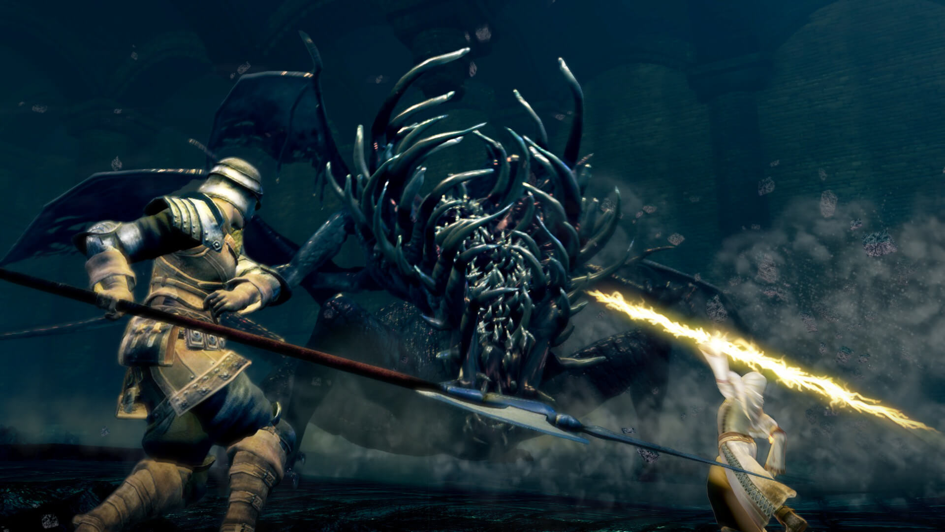 The player and an ally battling the Gaping Dragon boss in Dark Souls Remastered