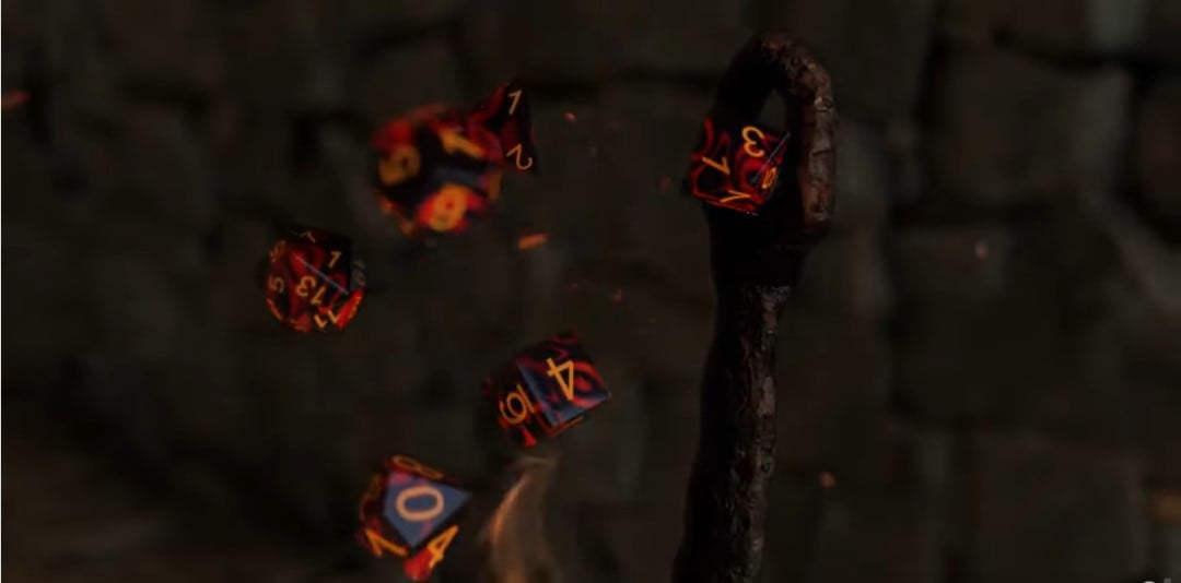 A handful of red and black polyhedral dice slowly falling into a fire