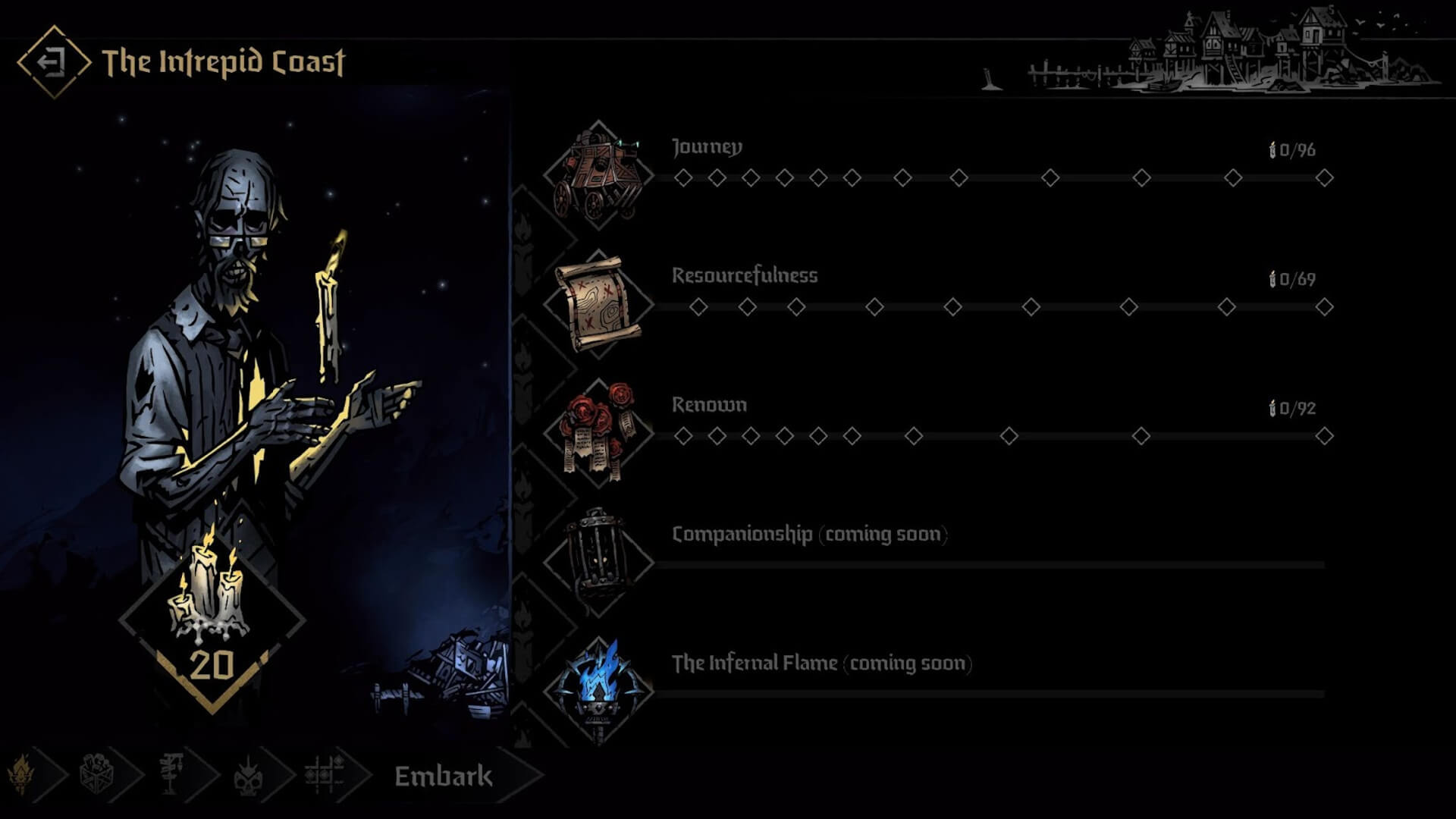 A menu of upgrades you can apply in the Altar of Hope in the latest Darkest Dungeon 2 update