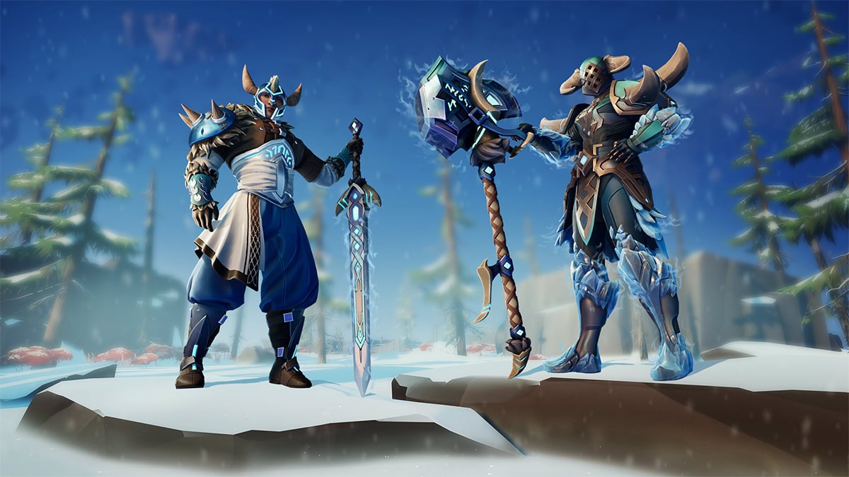 Two warriors standing in an icy field, swords drawn