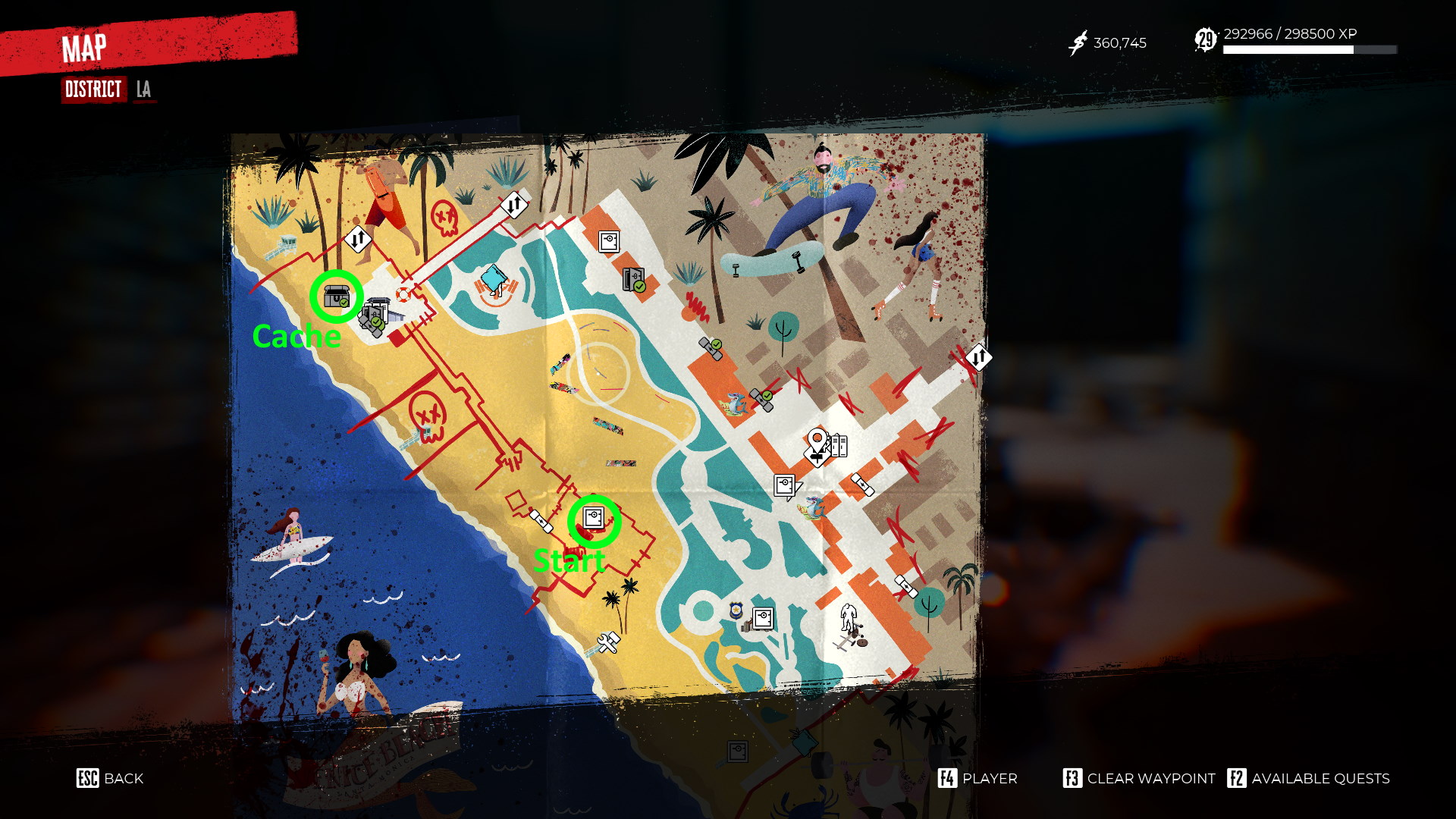 Map of Venice Beach in Dead Island 2, showing the start and end points of the [Redacted] sidequest.