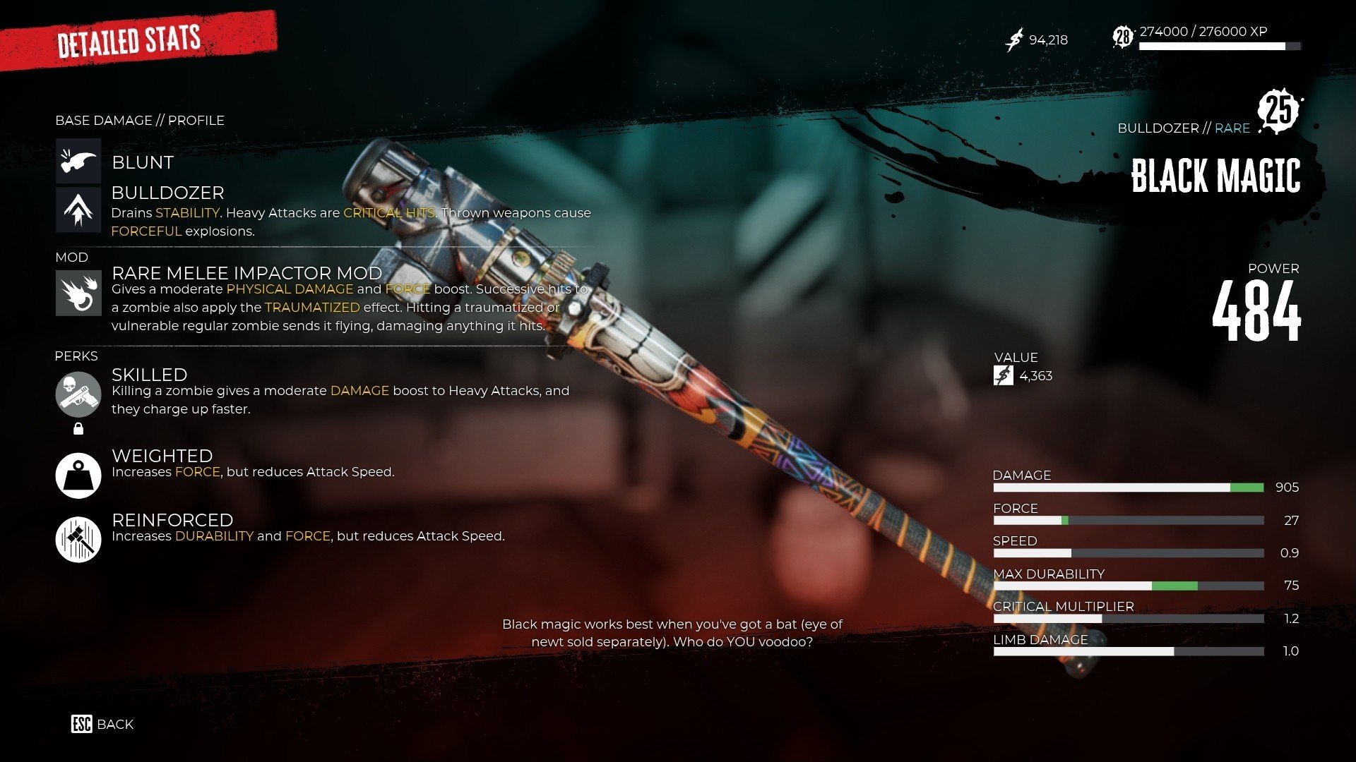 Dead Island 2 menu screenshot showing a baseball bat covered in colorful tattoo-style artwork as well as crude pipe-based modifications. The bat is surrounded by boxes containing statistical information about the weapon's properties. 