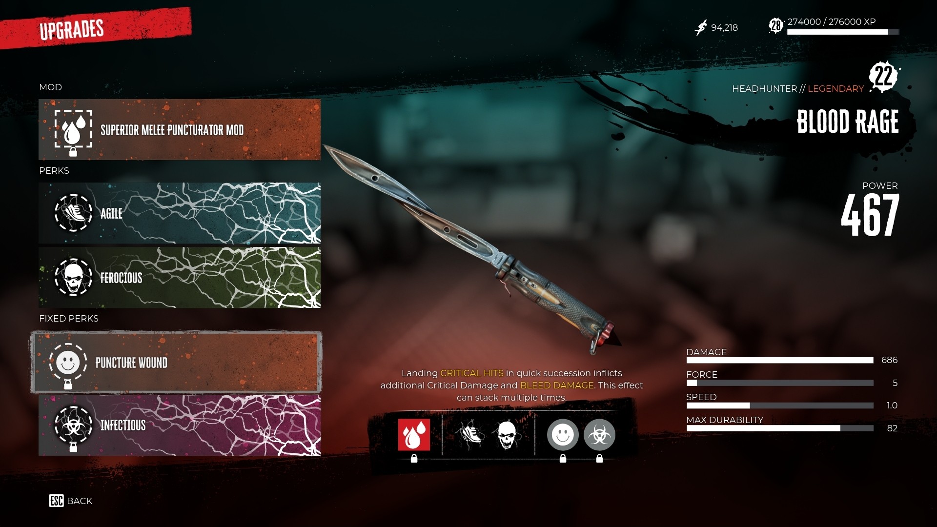 Dead Island 2 menu with a cyclone knife in the center and various boxes contain statistical information about the weapon surrounding the image. 