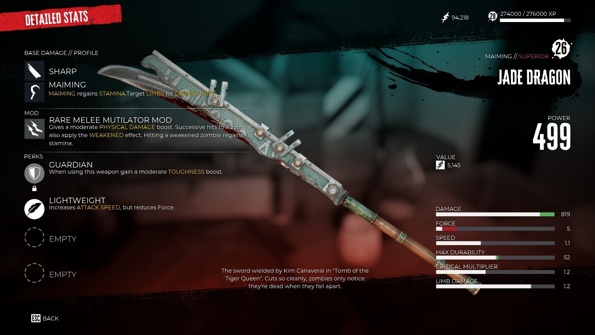 Dead Island 2 menu showing a long-handled blade in the centre surrounded by boxes containing information on the blade's damage and effects