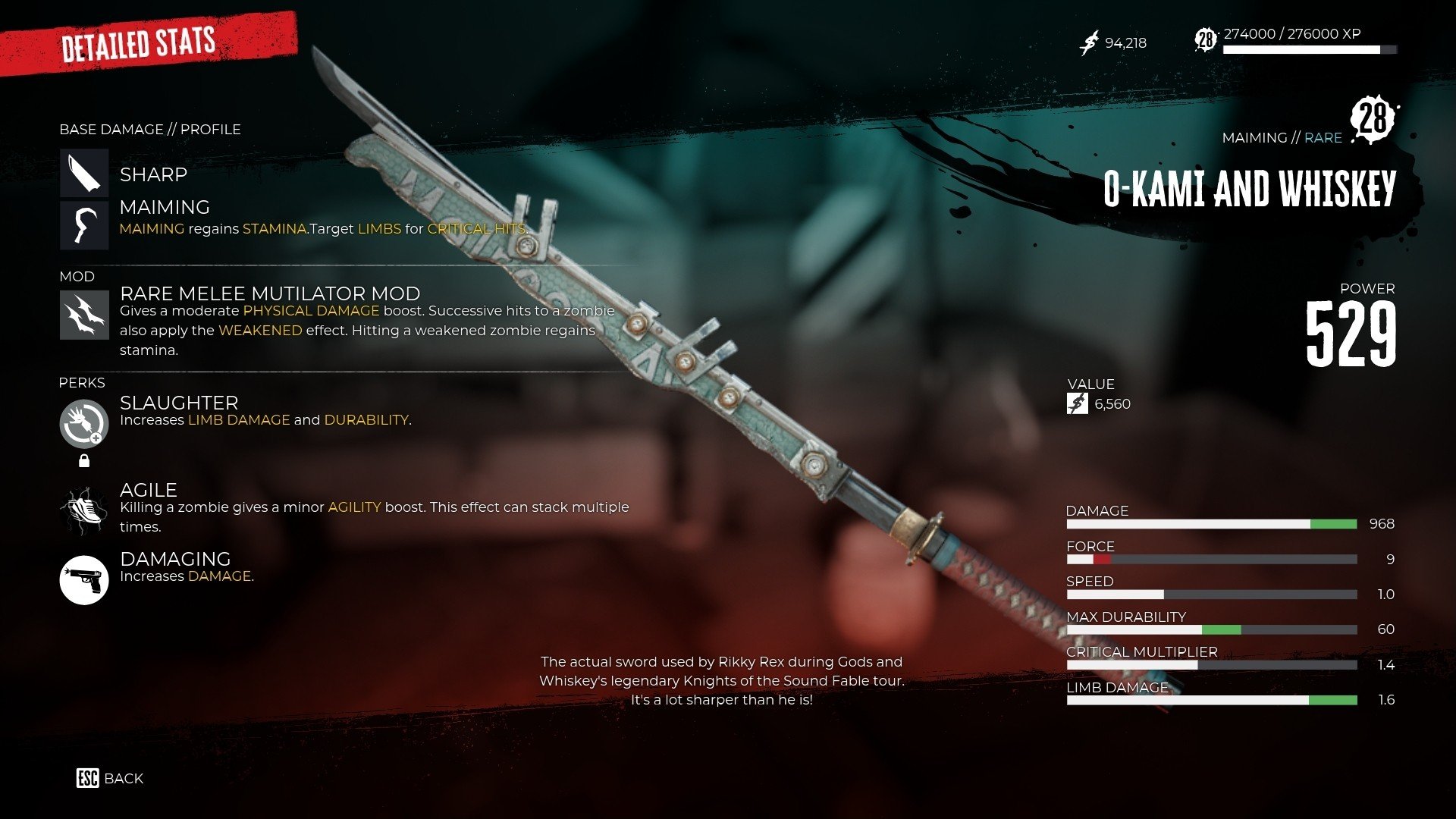 Dead Island 2 menu showing a katan in the centre surrounded by boxes filled with statistical informaiton about the weapon. 