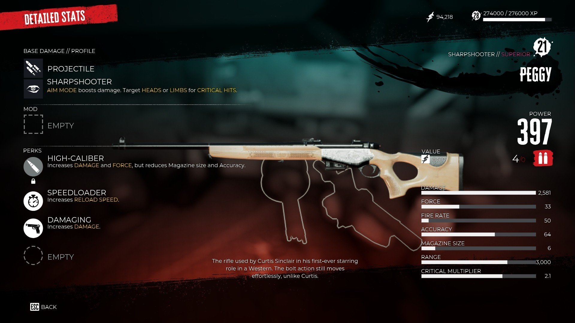 Screenshot of the Dead Island 2 menu showing an antique rifle surrounded by boxes containing statistical information about the weapon. 