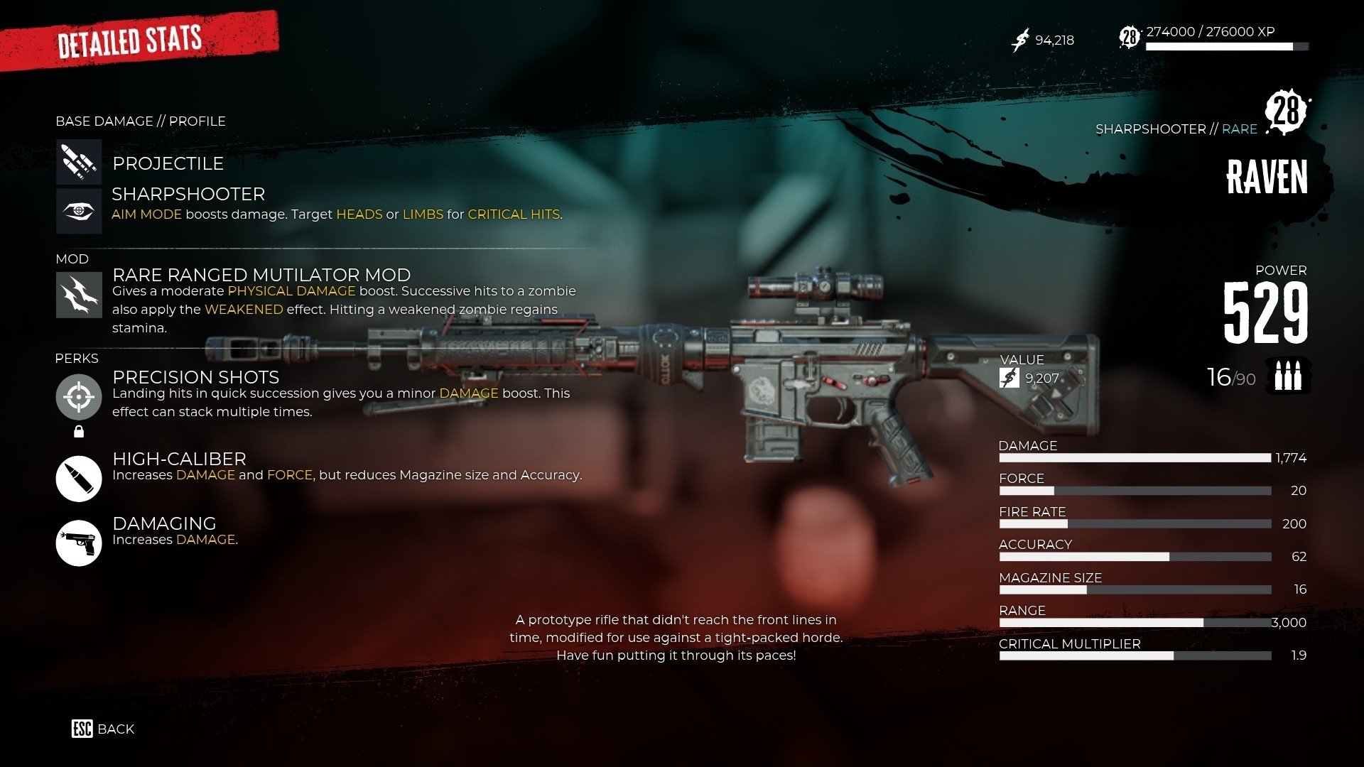 Screenshot of the Dead Island 2 menu showing a crudely modified modern military rifle in the center surrounded by boxes containing detailed statistical information about the weapon. 