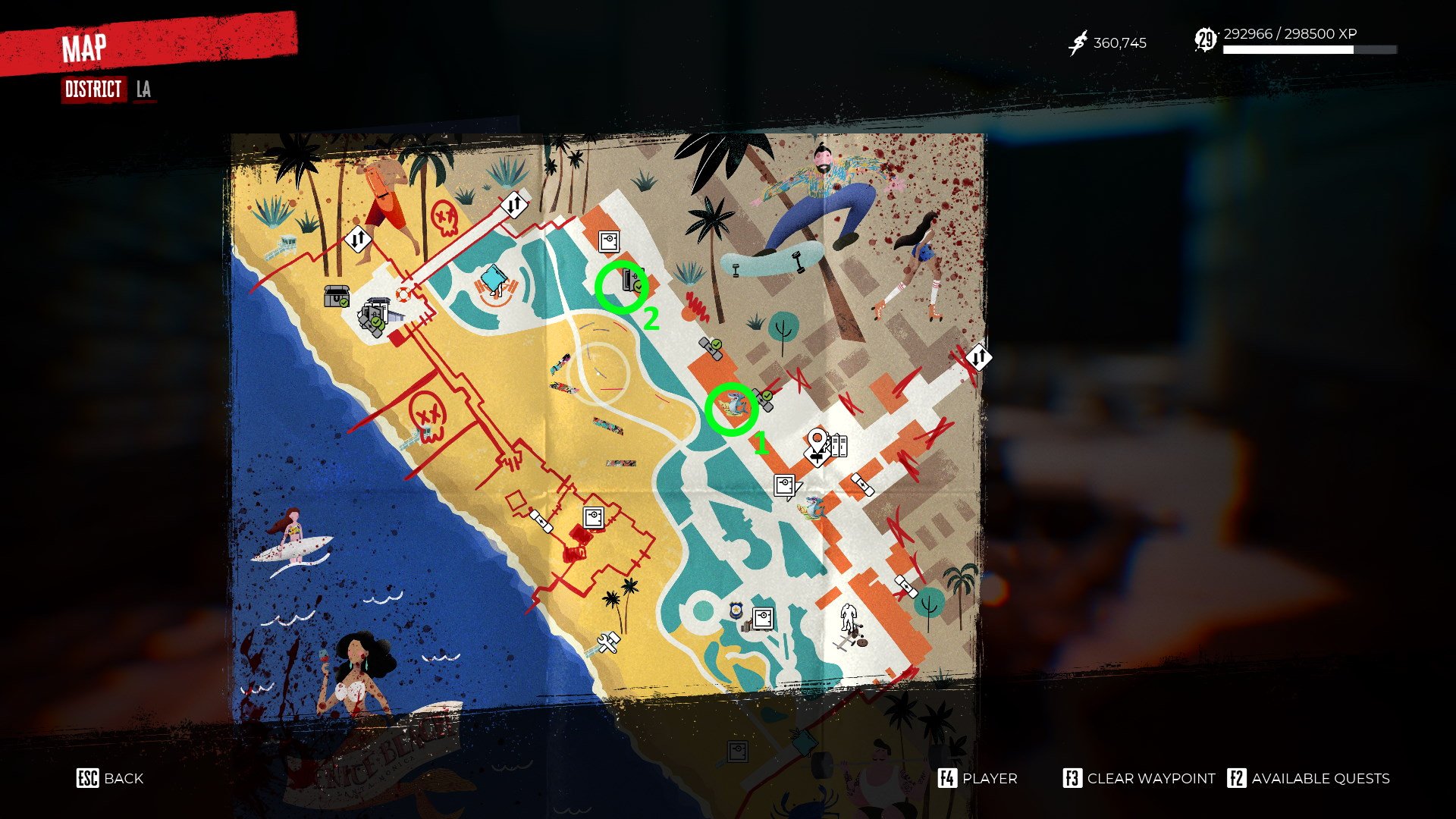 Map of Venice Beach in Dead Island 2, showing the first 2 quest locations for Drunk and Disorderly.