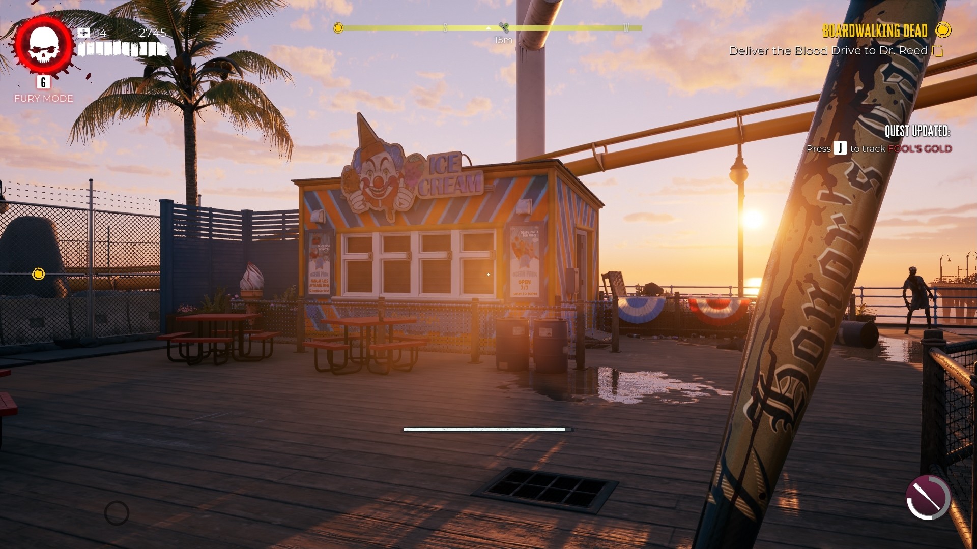 Dead Island 2 screenshot showing an ice cream shack on a pier with clown iconography and a suspicious blood stain near the door