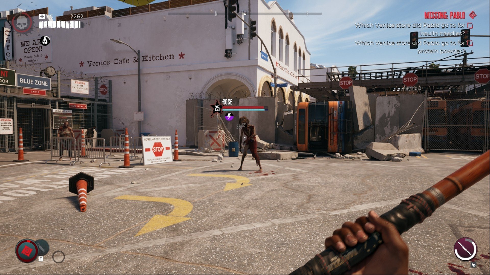 Dead Island 2 screenshot showing a screamer zombie called "rose" swaying on her feet at a four way intersection. 