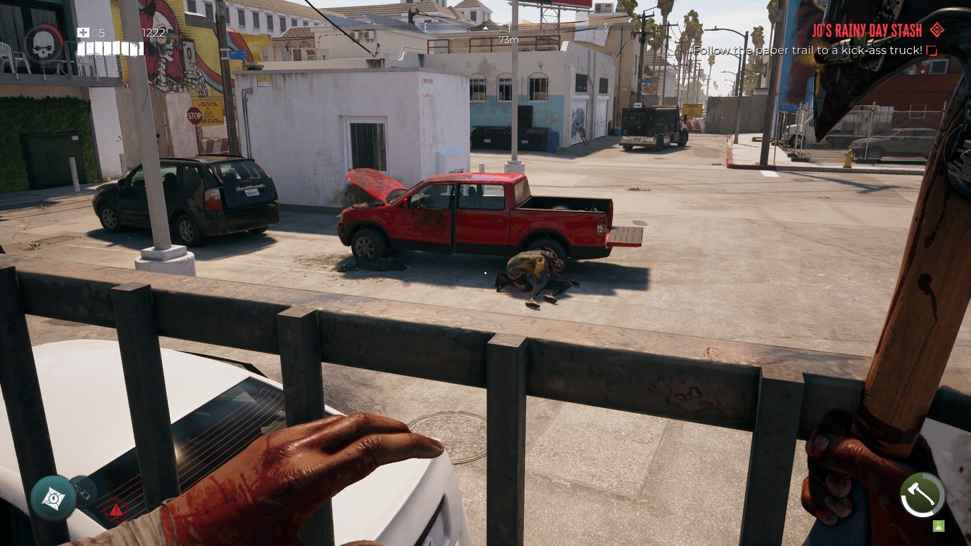 Dead Island 2 screenshot depecting zombies crowding around a red pickup truck over a chain link fence