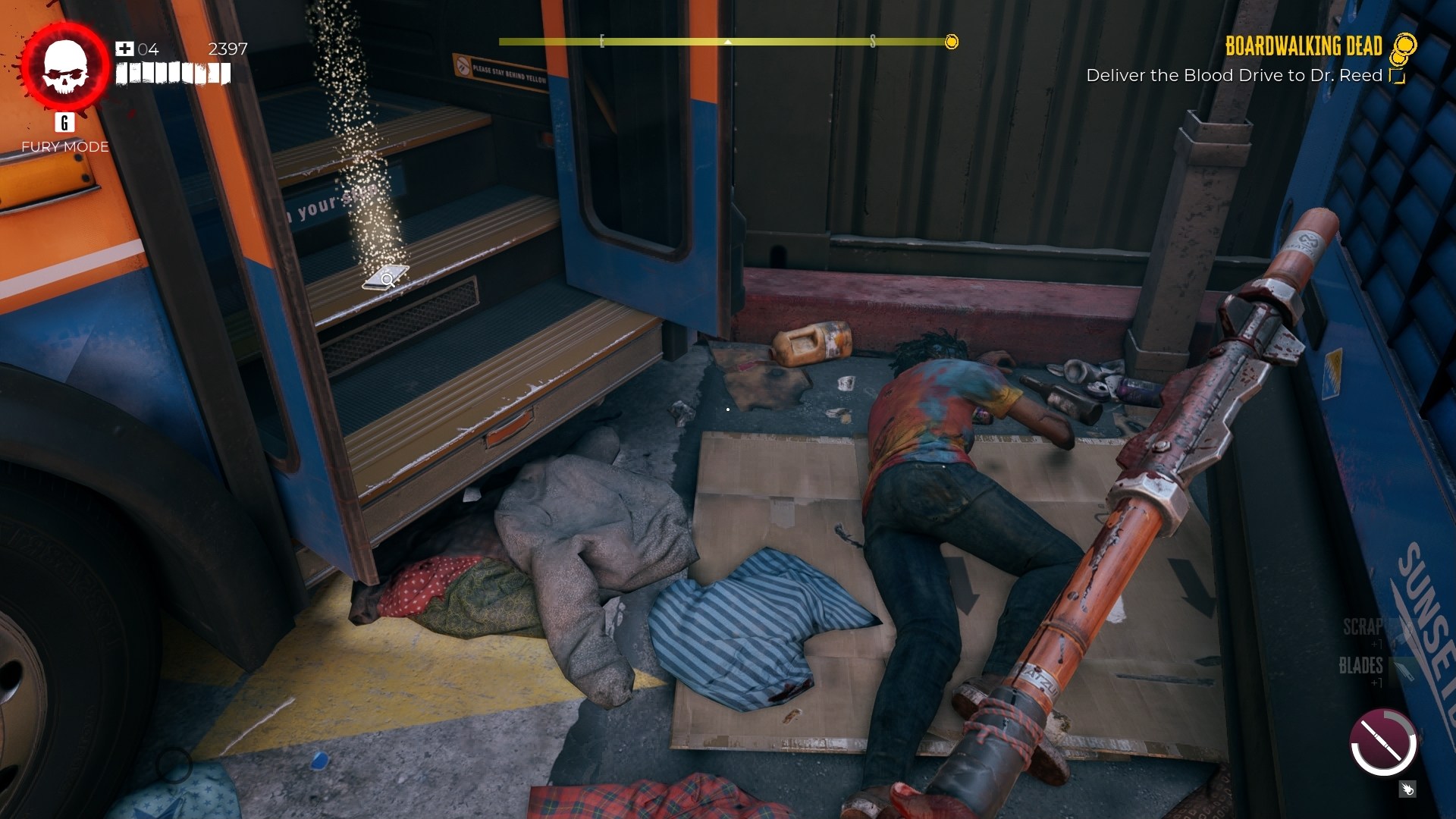 Dead Island 2 screenshot decpiting a corpse lying face-down next to the steps leading into a bus. A phone is surrounded by a glowing aura sits on the stairs of the bus. 