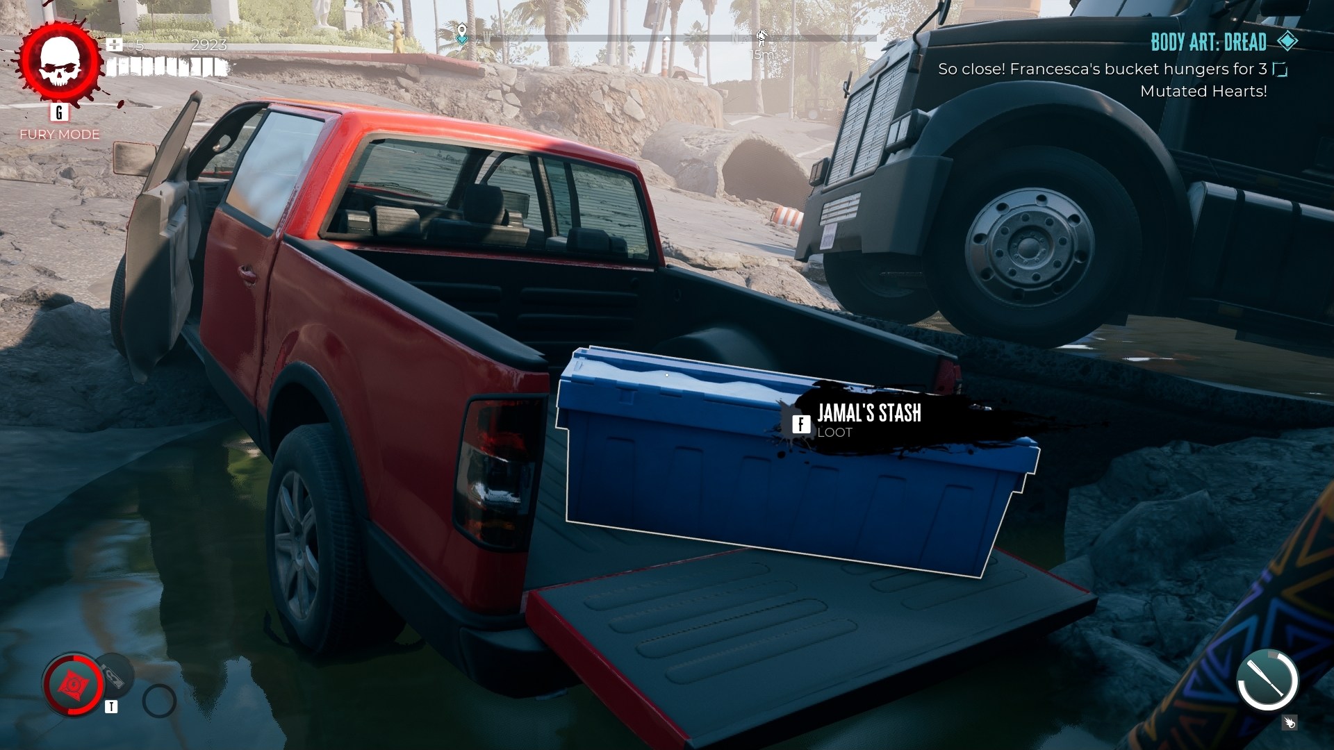 Dead Island 2 screenshot showing a storage container on the back of a red pickup truck. 