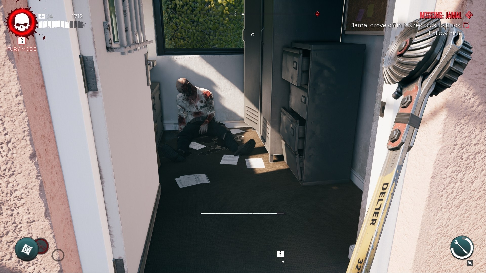 Dead Island 2 screenshot showing a corpse sitting in a ransacked security office.