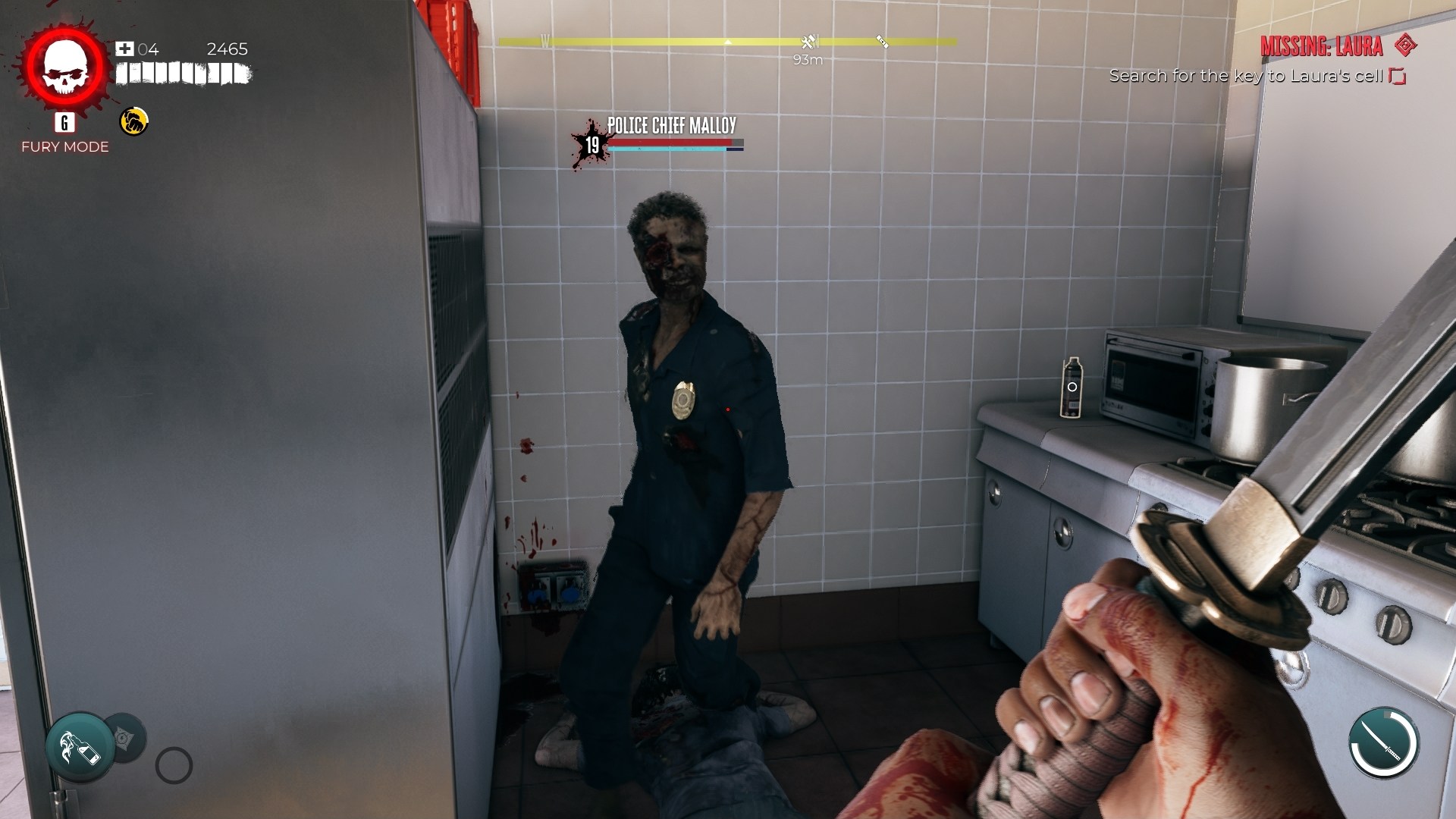 Dead Island 2 screenshot depicting a zombified police officer standing in the back of a destroyed post-apocalyptic restaurant. 