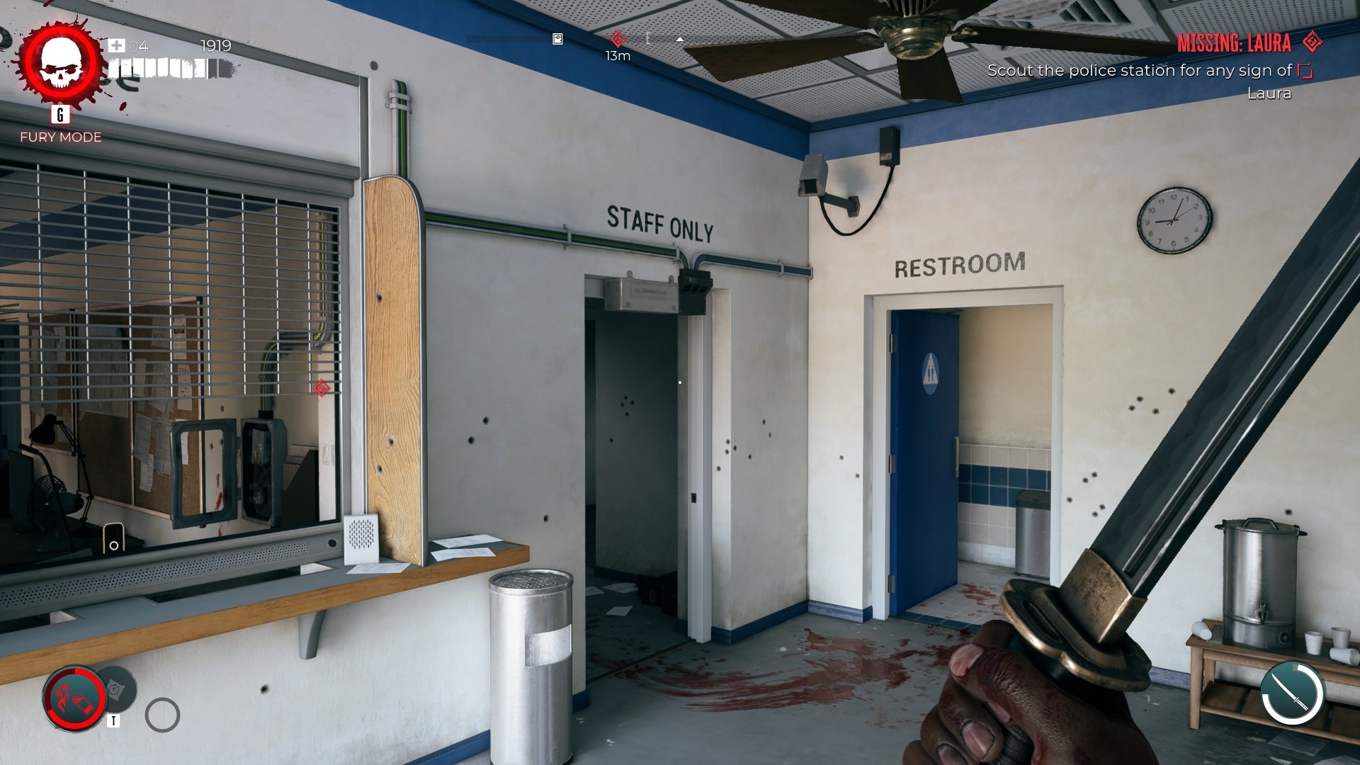 Dead Island 2 screenshot showing abandoned and ransacked police station with an open door leading further inside
