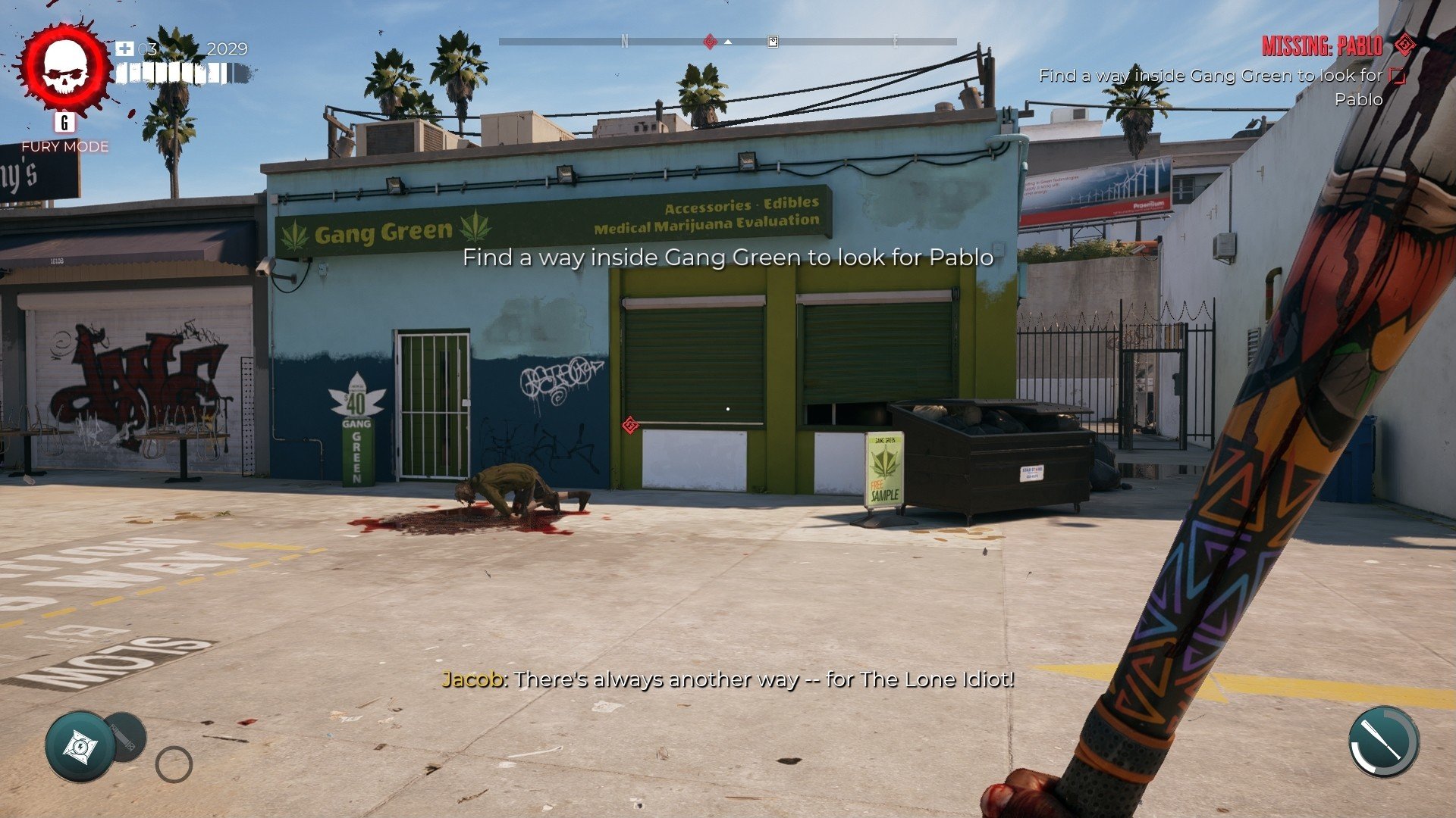 Dead Island 2 screenshot displaying a cannabis dispensery with a zombie crouched out front eating a corpse. 