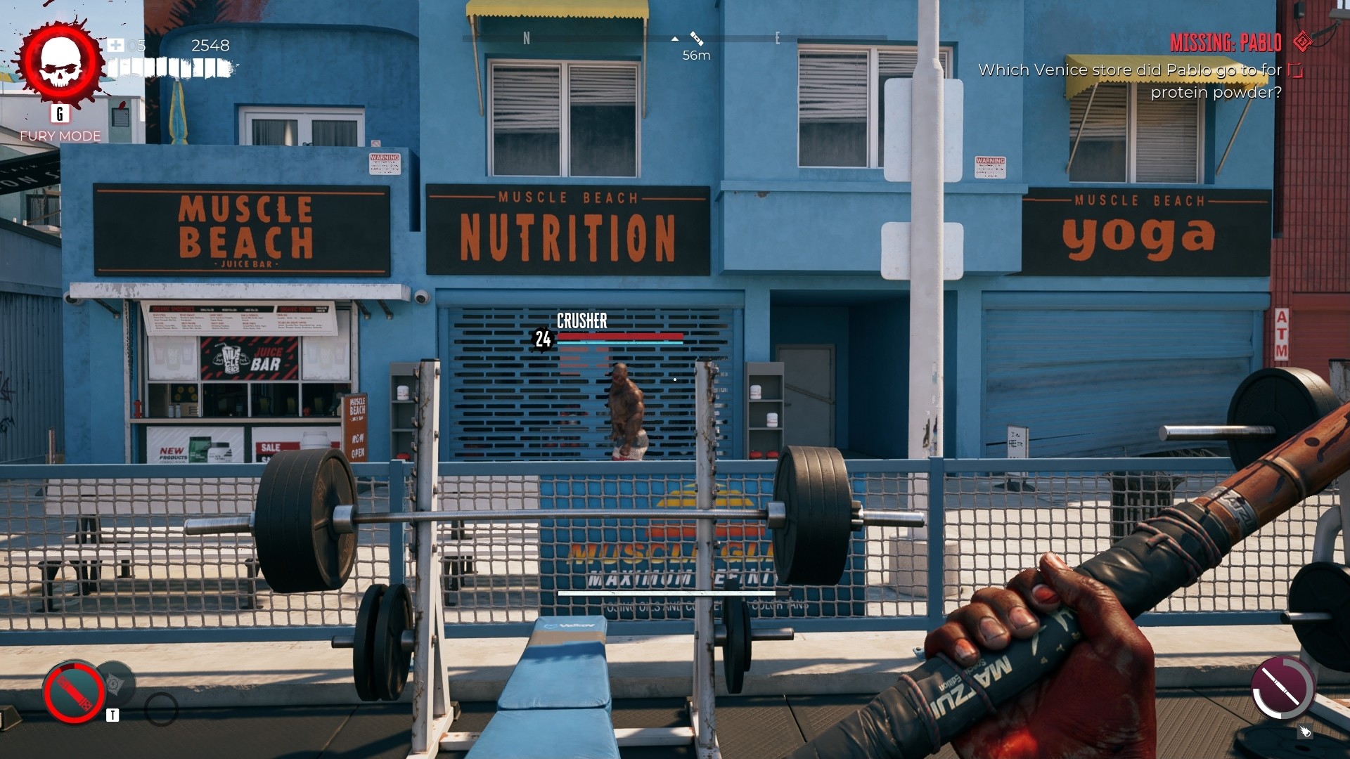 A screenshot from Dead Island 2 showing a store called Muscle Beach Nutrition next to an outdoor gym. 