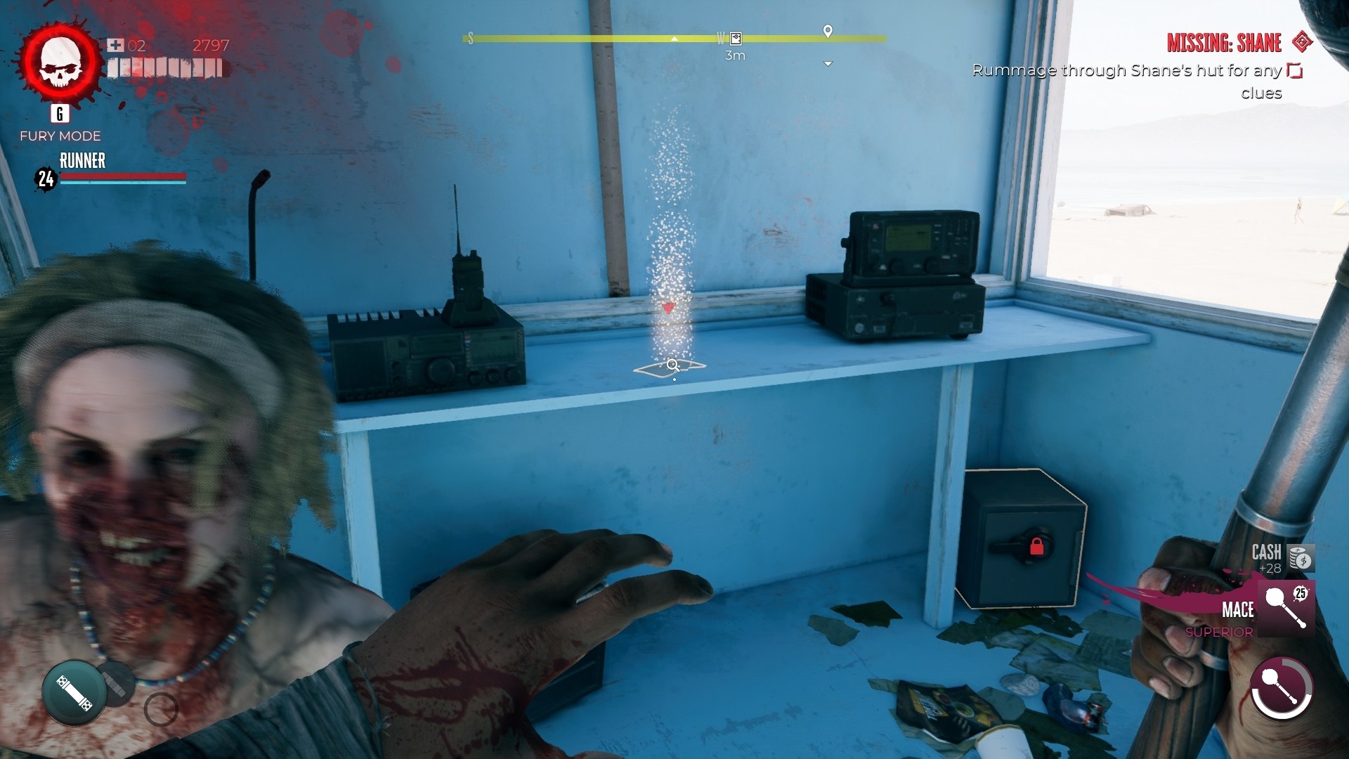 Dead Island 2 screenshot showing a zombie staring at the screen inside a lifeguard with a safe and a glowing note lying on the desk