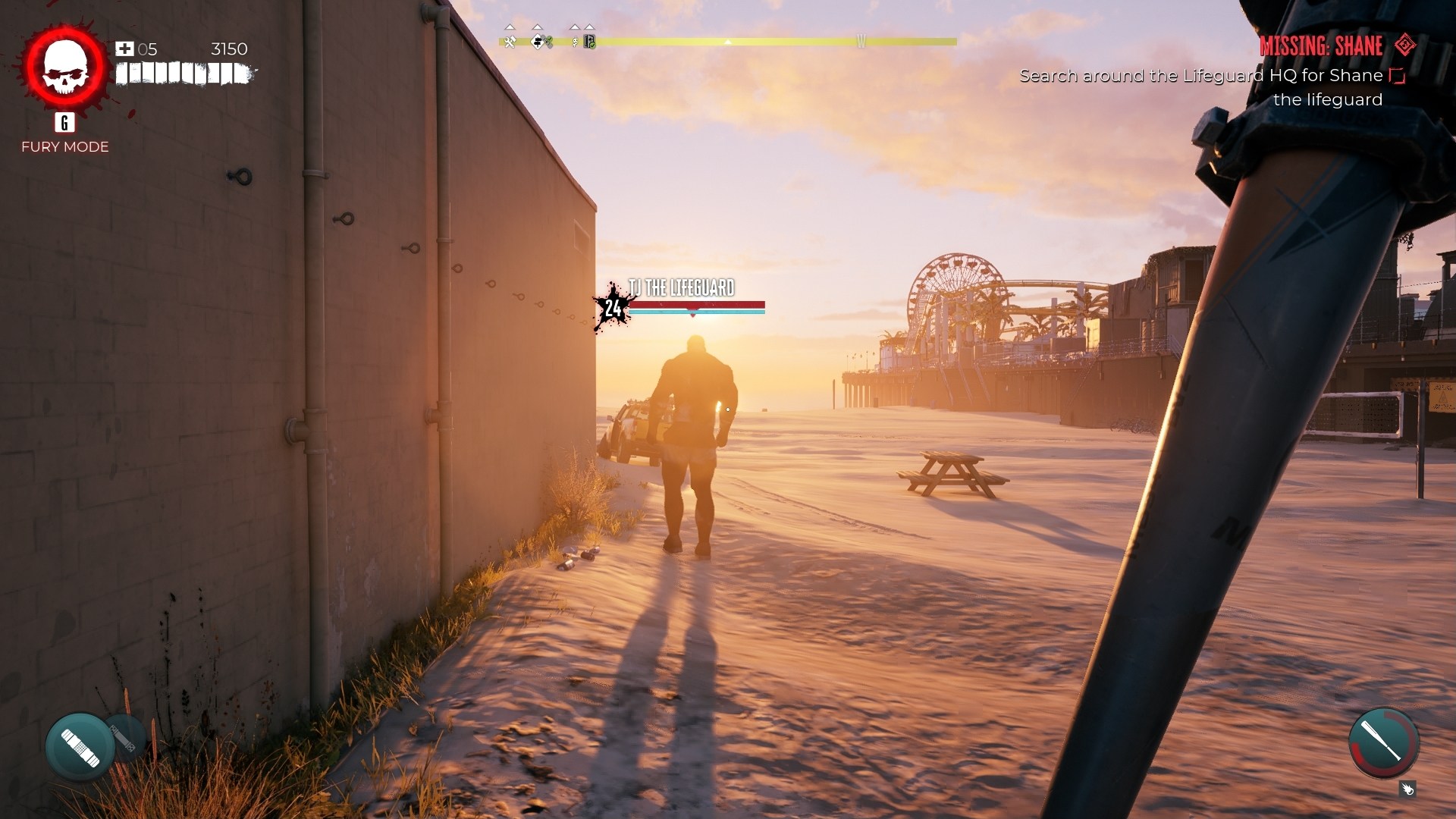 Dead Island 2 screenshot showing a huge Crusher zombie walking away into the sunset with the name TJ the Lifeguard over his head.