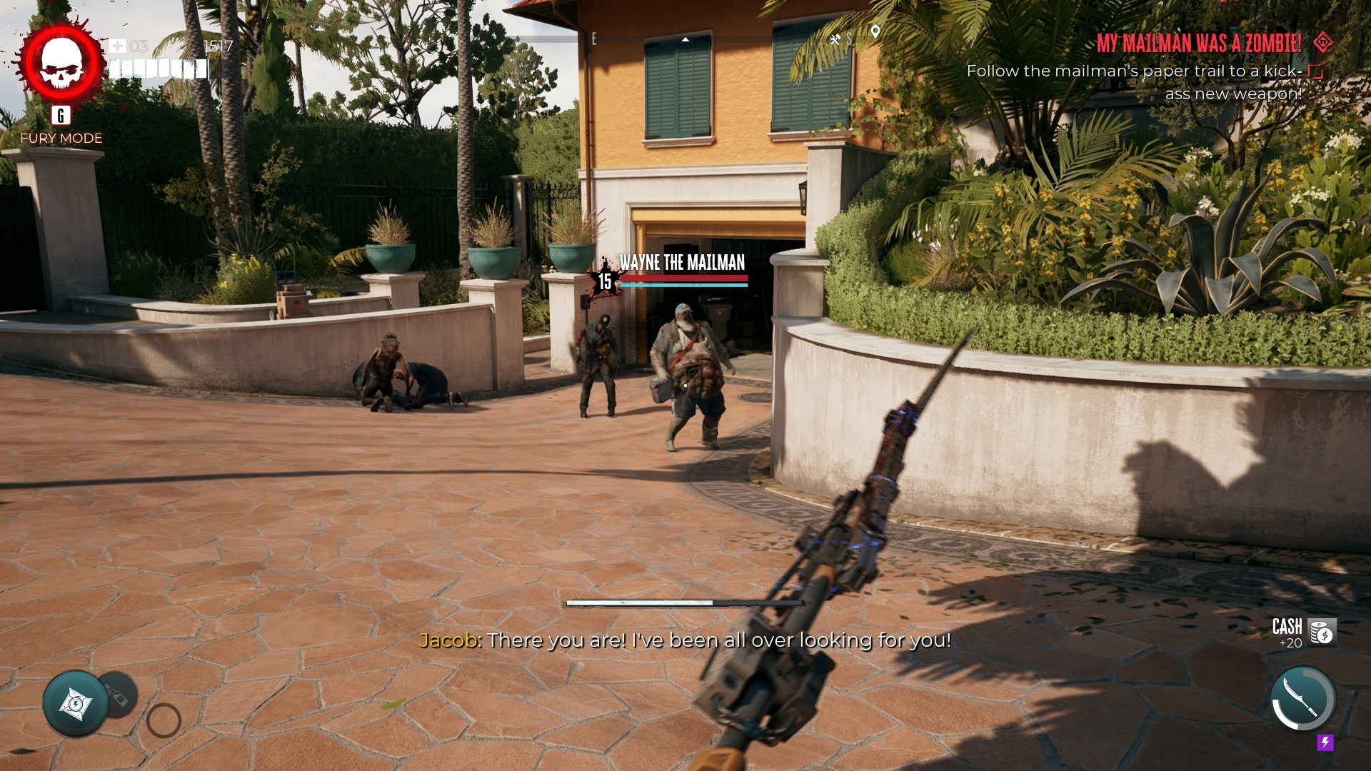 Dead Island 2 Screenshot showing a group of zombies near the open garage of a Bel-Air Mansion Home.