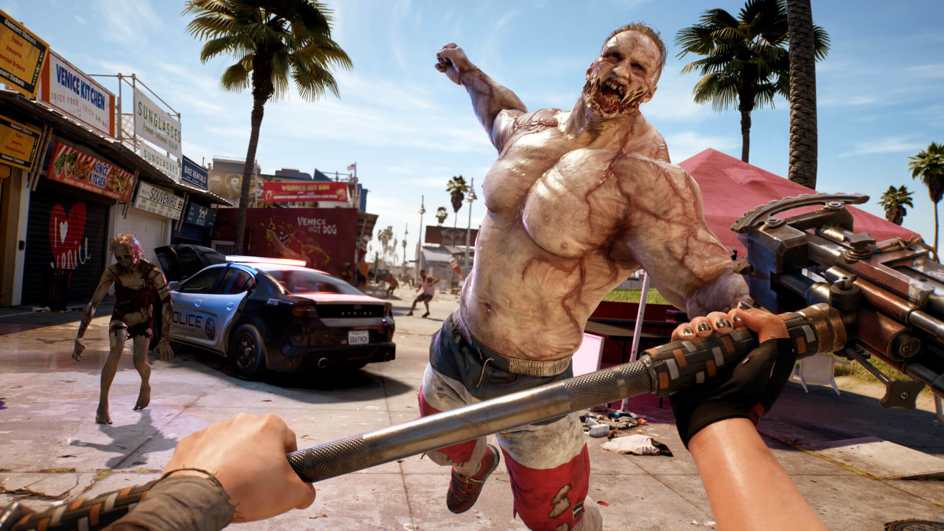 A huge, muscular zombie leaping at the player in Dead Island 2