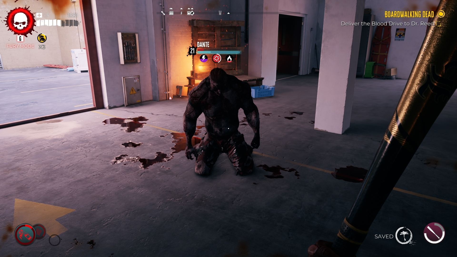 Dead Island 2 Screenshot depicting a bulky zombie kneeling on the gorund inside a building during bright sunlight