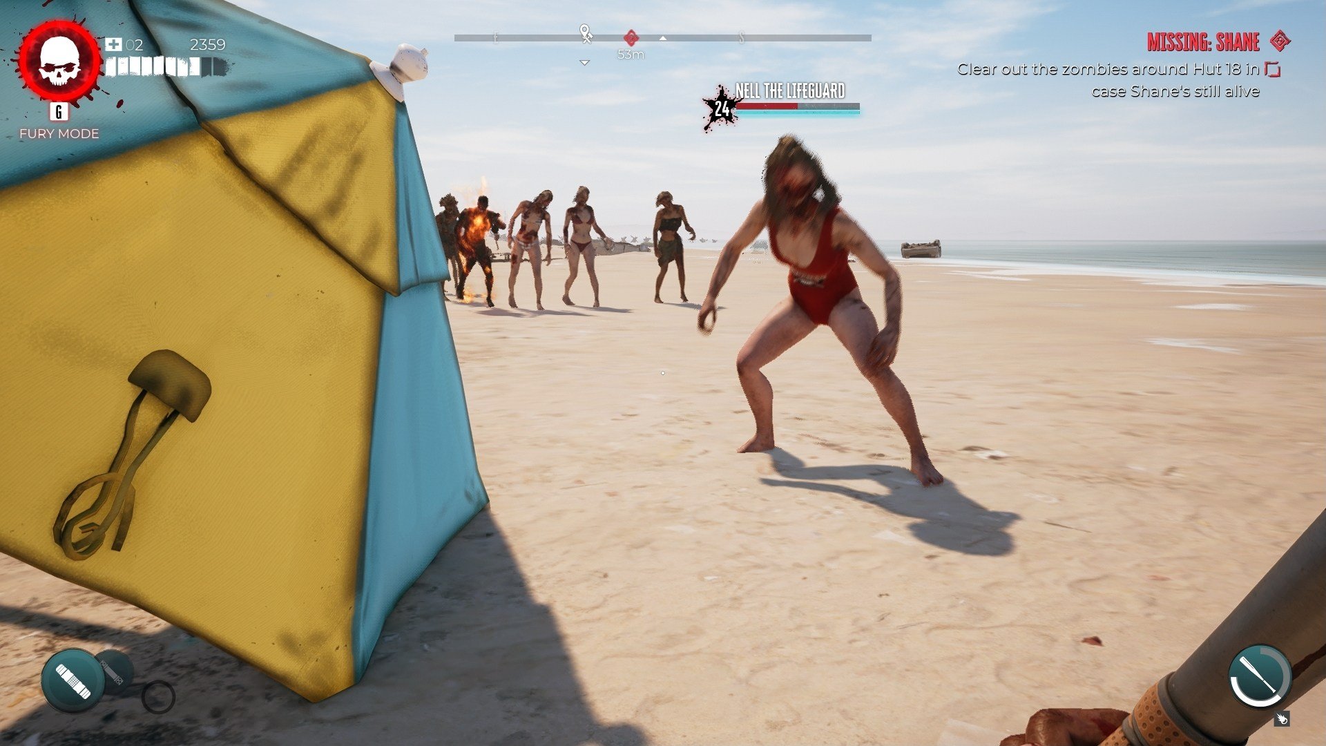 Dead Island 2 screenshot showing several zombies on a beach near the sea with a fallen beach umbrella lying nearby. 