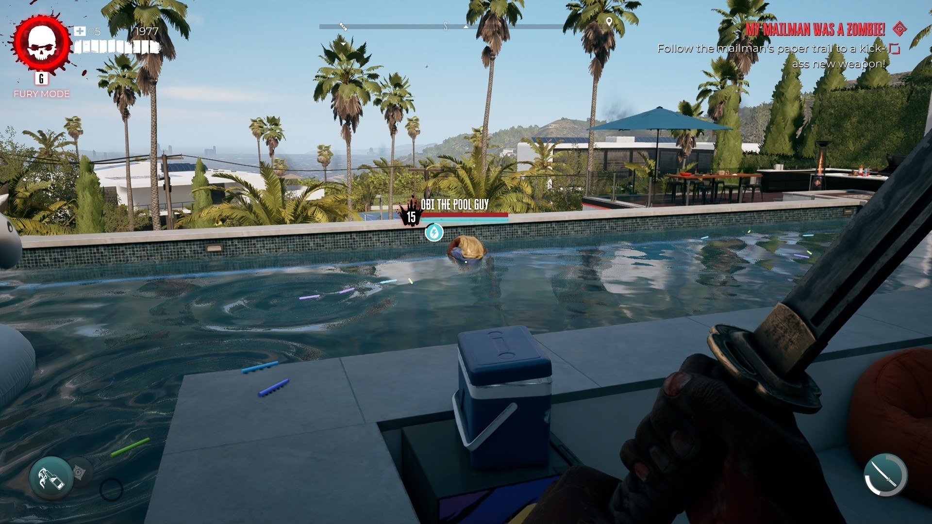Dead Island 2 screenshot showing a zombie crouching down in a modern pool with palm trees in the background
