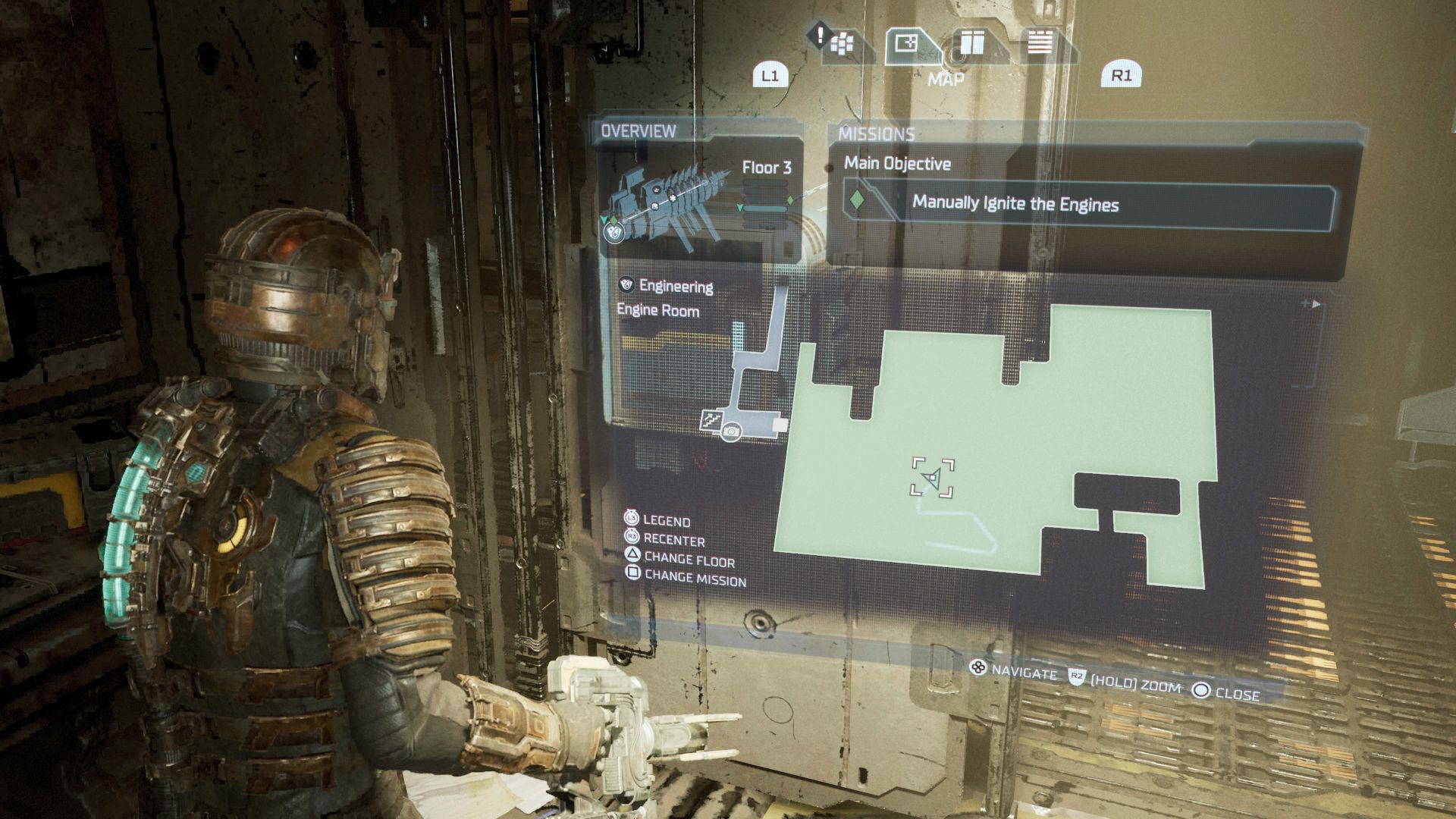 Isaac Clarke looking at his map in Dead Space